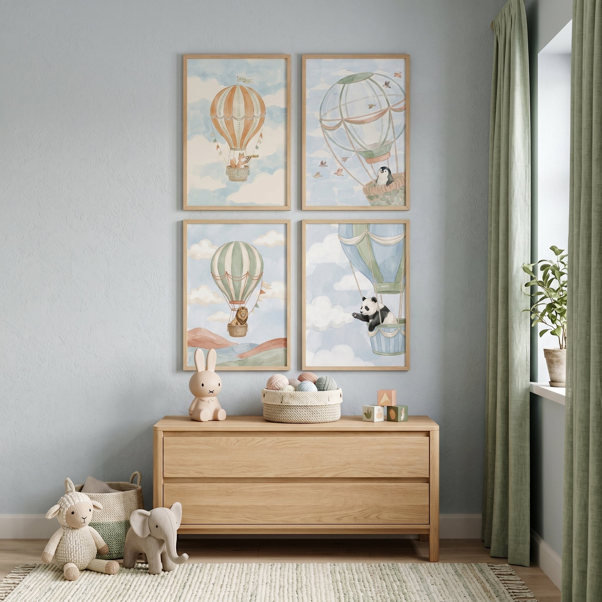 Muted Watercolor Balloon Animals Wall Art Set of 4 - Nursery Balloon Adventure