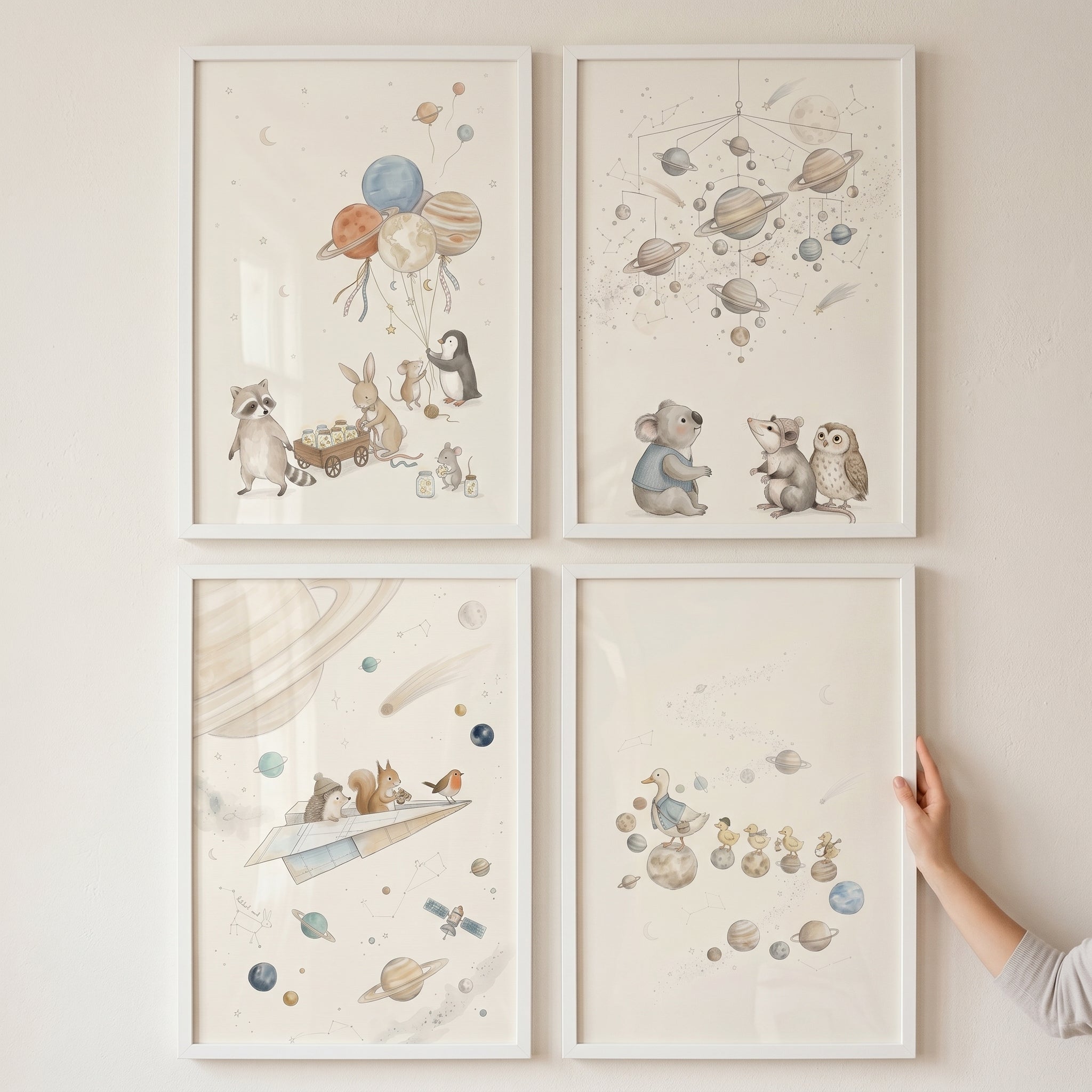Muted Watercolor Celestial Animals Wall Art Set of 4 - Cosmic Animal Adventures