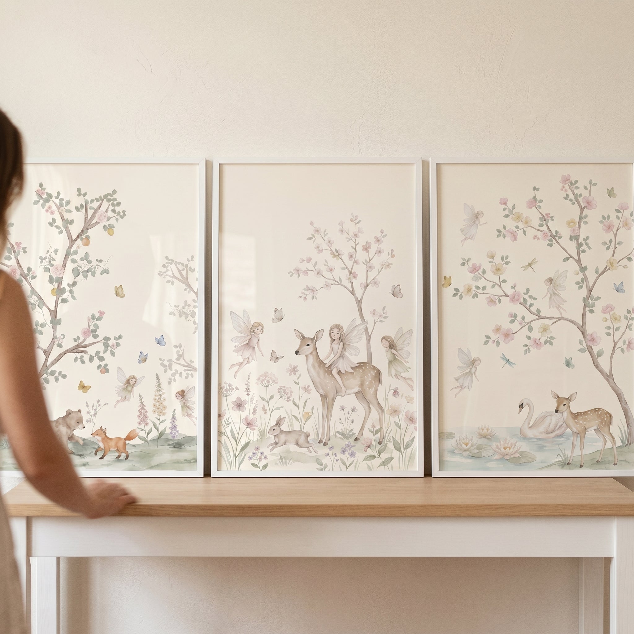 Muted Watercolor Enchanted Fairies Wall Art Set of 3 - Magical Woodland Tales