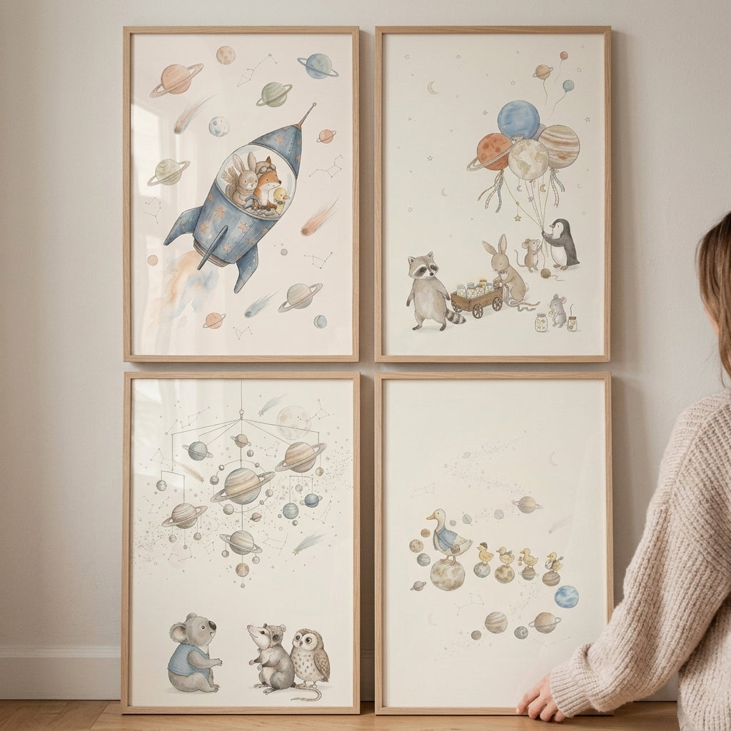 Muted watercolor galaxy animals wall art set of 4 depicts whimsical creatures and planets in light wood frames.