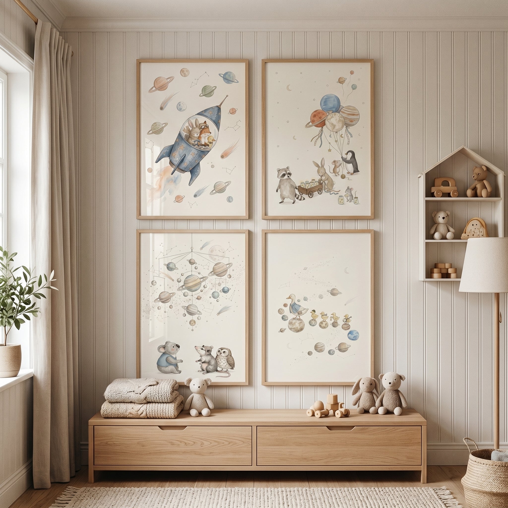 Muted Watercolor Galaxy Animals Wall Art Set of 4 - Whimsical Space Voyage