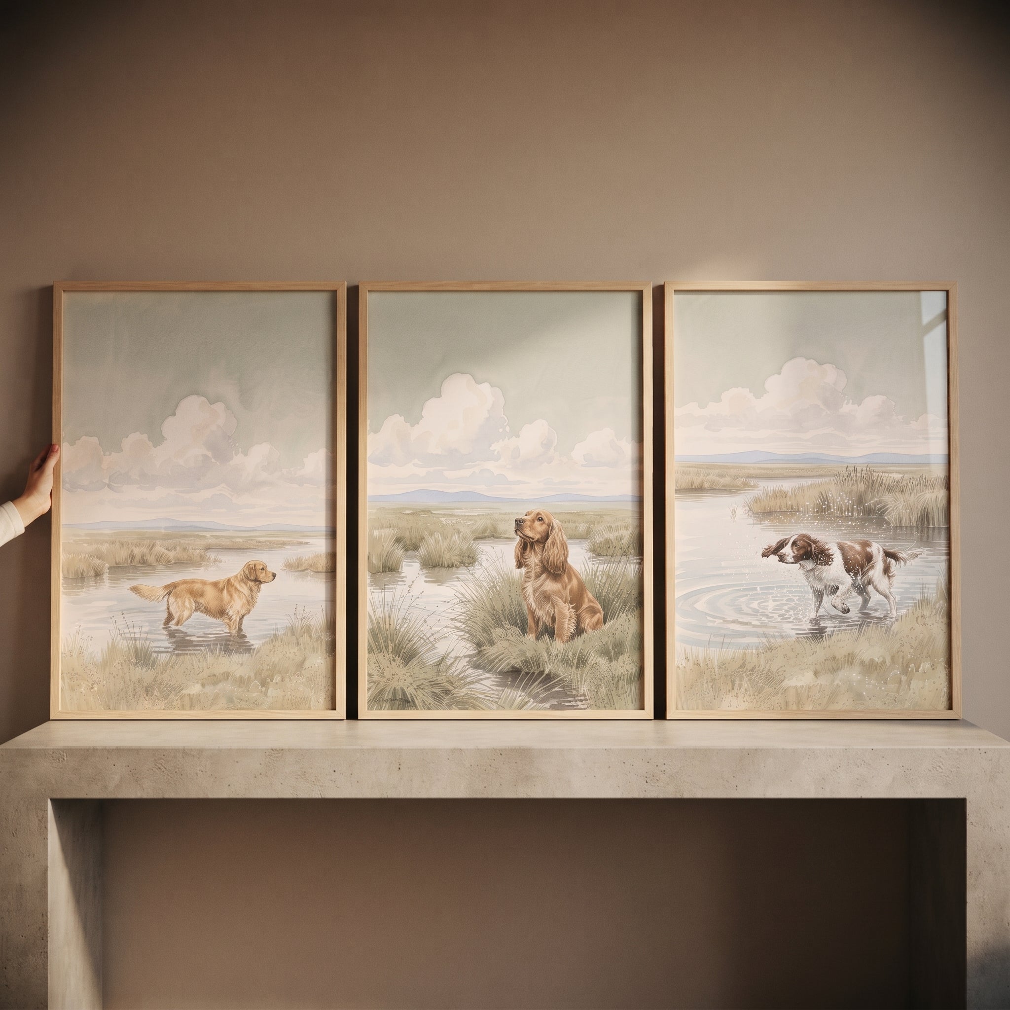 Muted Watercolor Hunting Dog Wall Art Set of 3 - Wetland Dog Trio