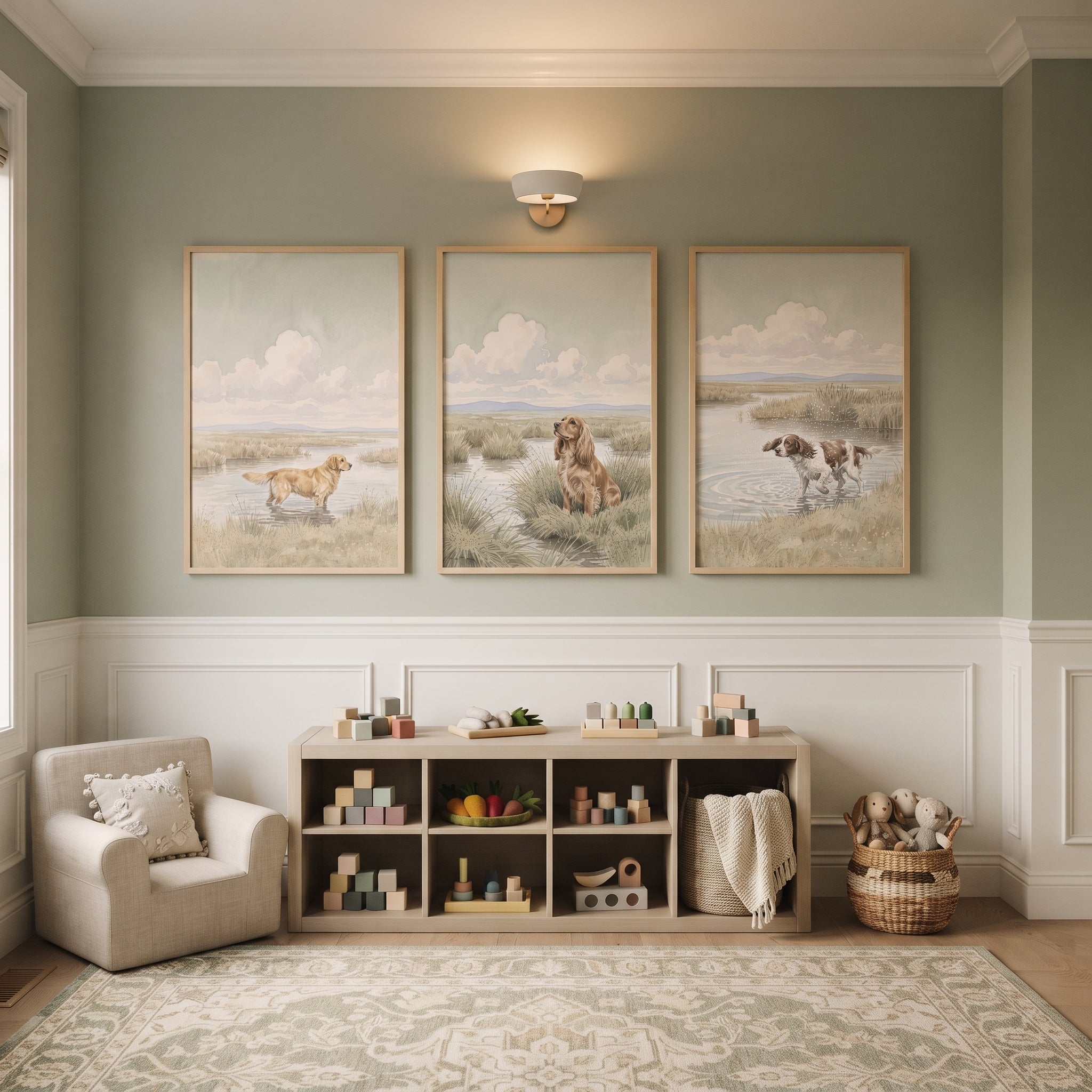 Muted Watercolor Hunting Dog Wall Art Set of 3 - Wetland Dog Trio