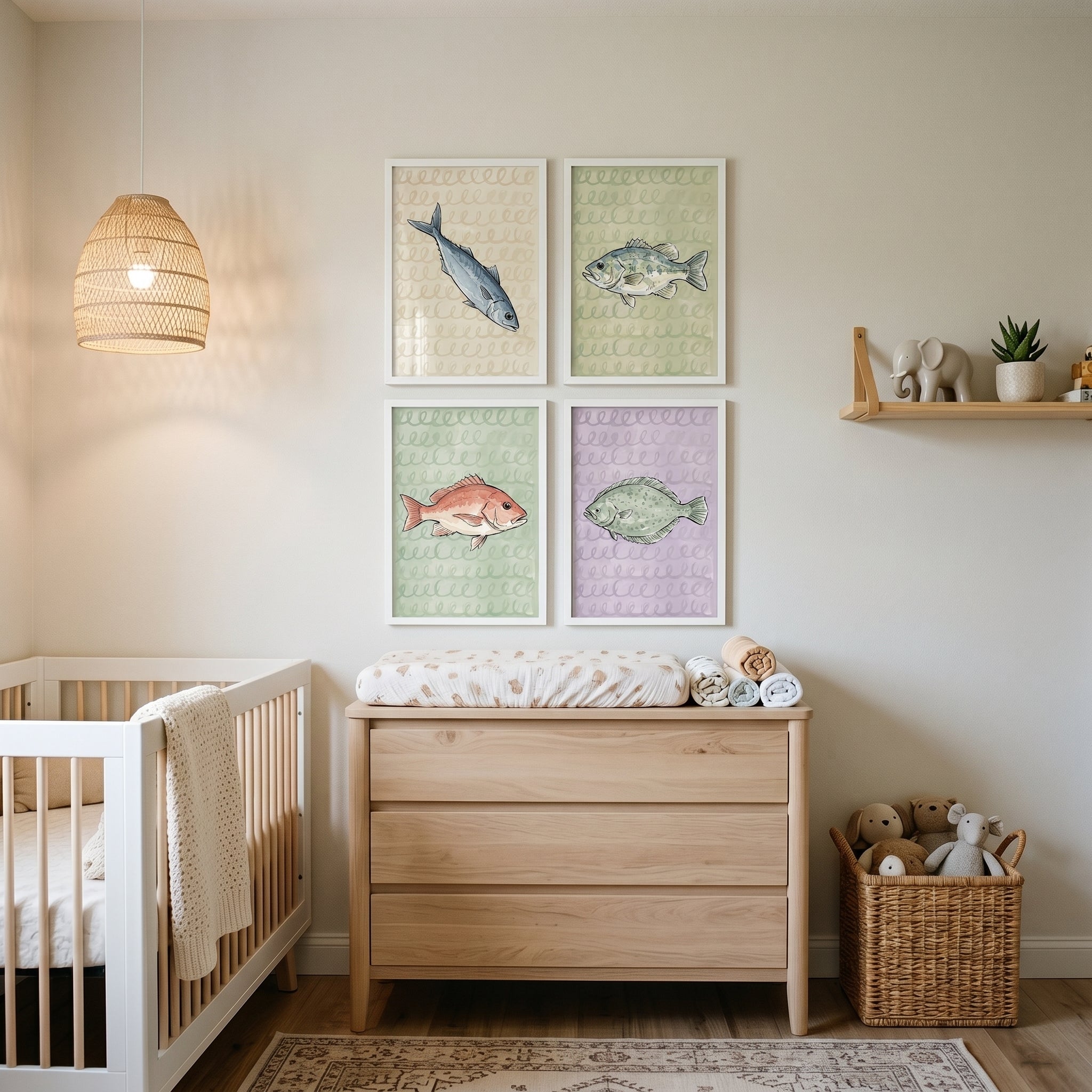 Muted Watercolor Loop Fish Wall Art Set of 4 - Coastal Catch Sketches