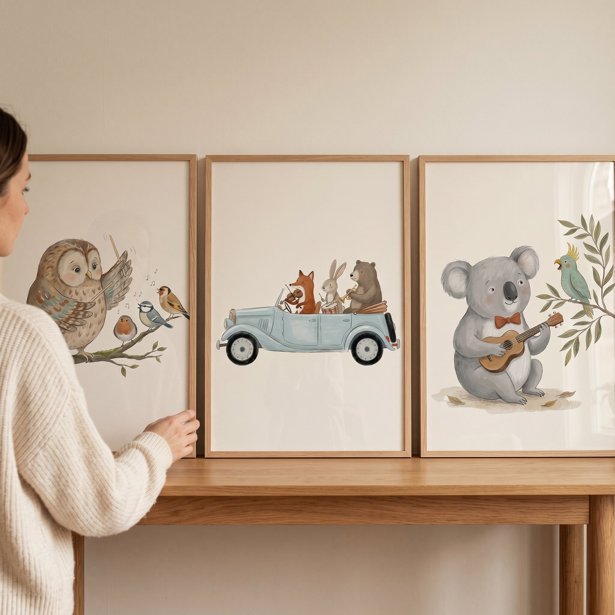 Muted Watercolor Musical Animals Wall Art Set Of 3 - Musical Animal Adventures