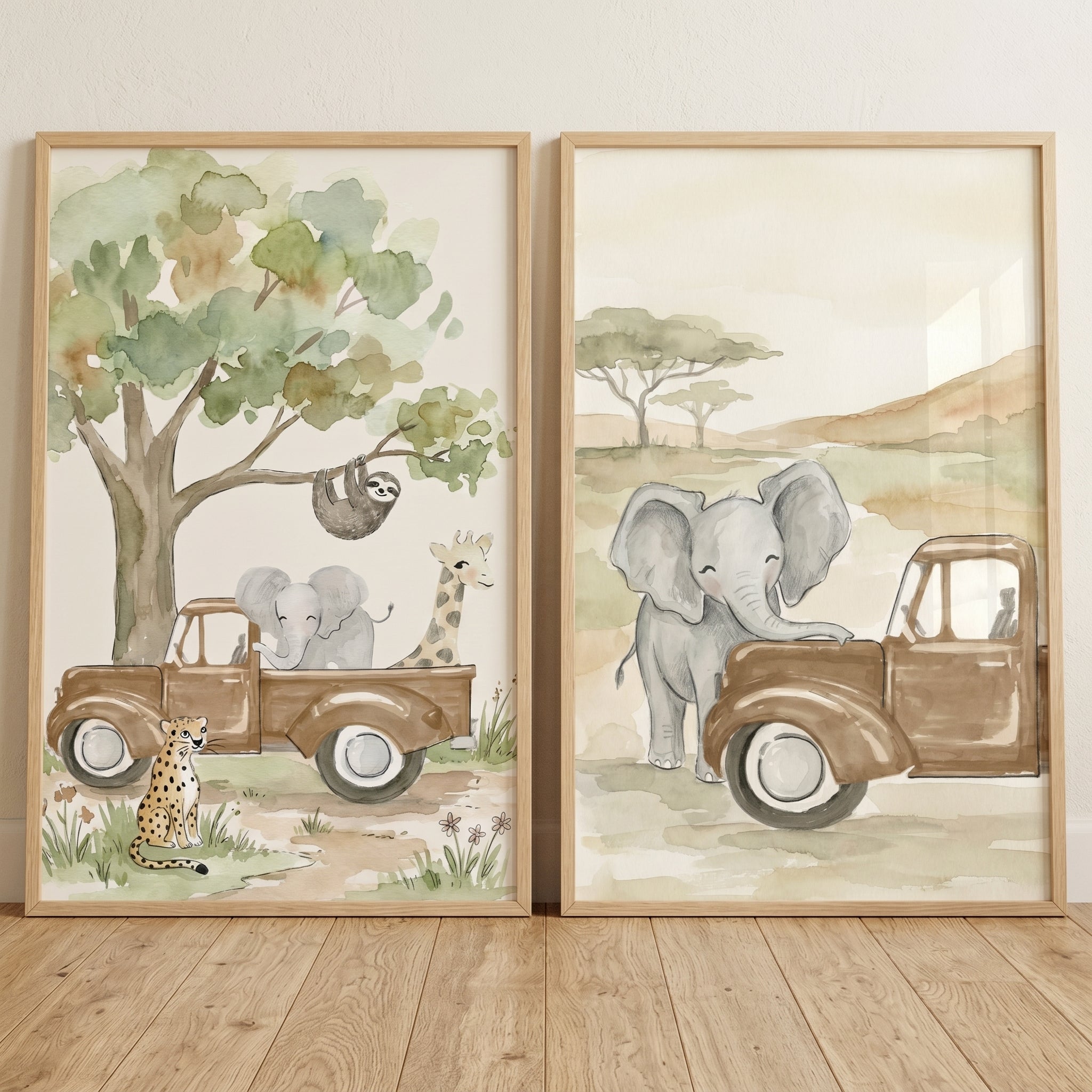 Muted Watercolor Safari Animals Wall Art Set of 2 - Safari Animal Journey