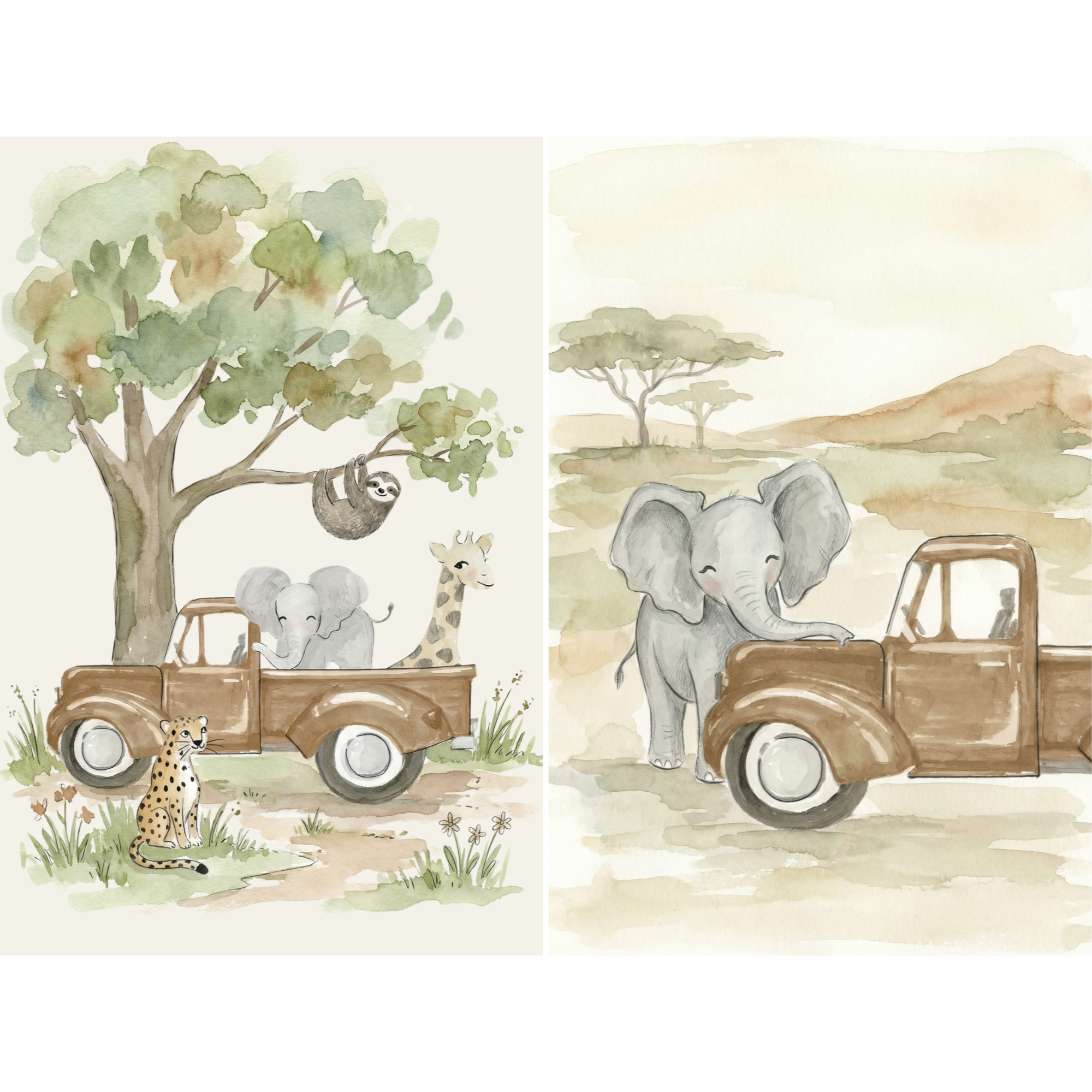 Muted Watercolor Safari Animals Wall Art Set of 2 - Safari Animal Journey