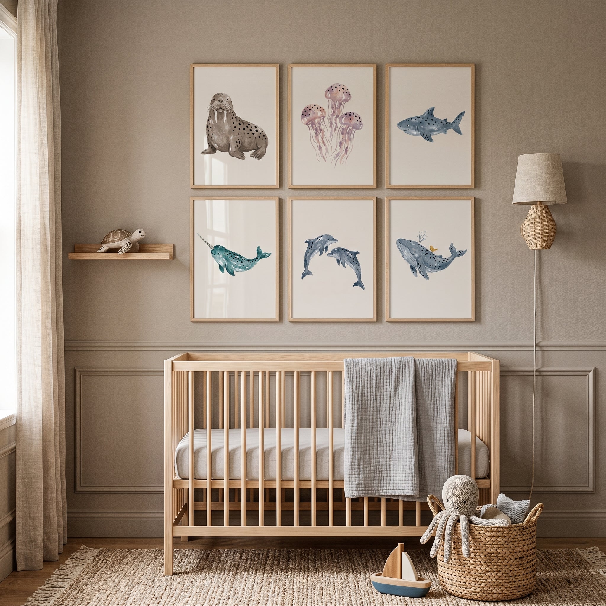 Muted Watercolor Sea Animal Wall Art Set of 6 - Whimsical Ocean Animals