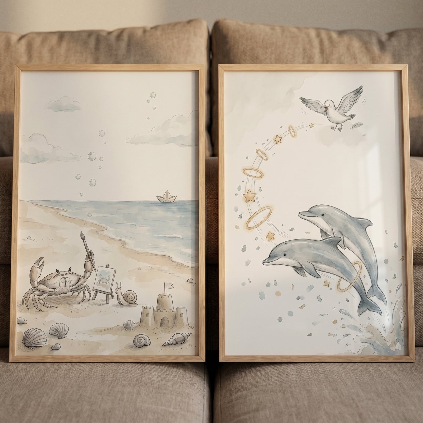 Muted watercolor sea creature wall art set of 2 showing a crab on a beach and dolphins jumping through hoops.