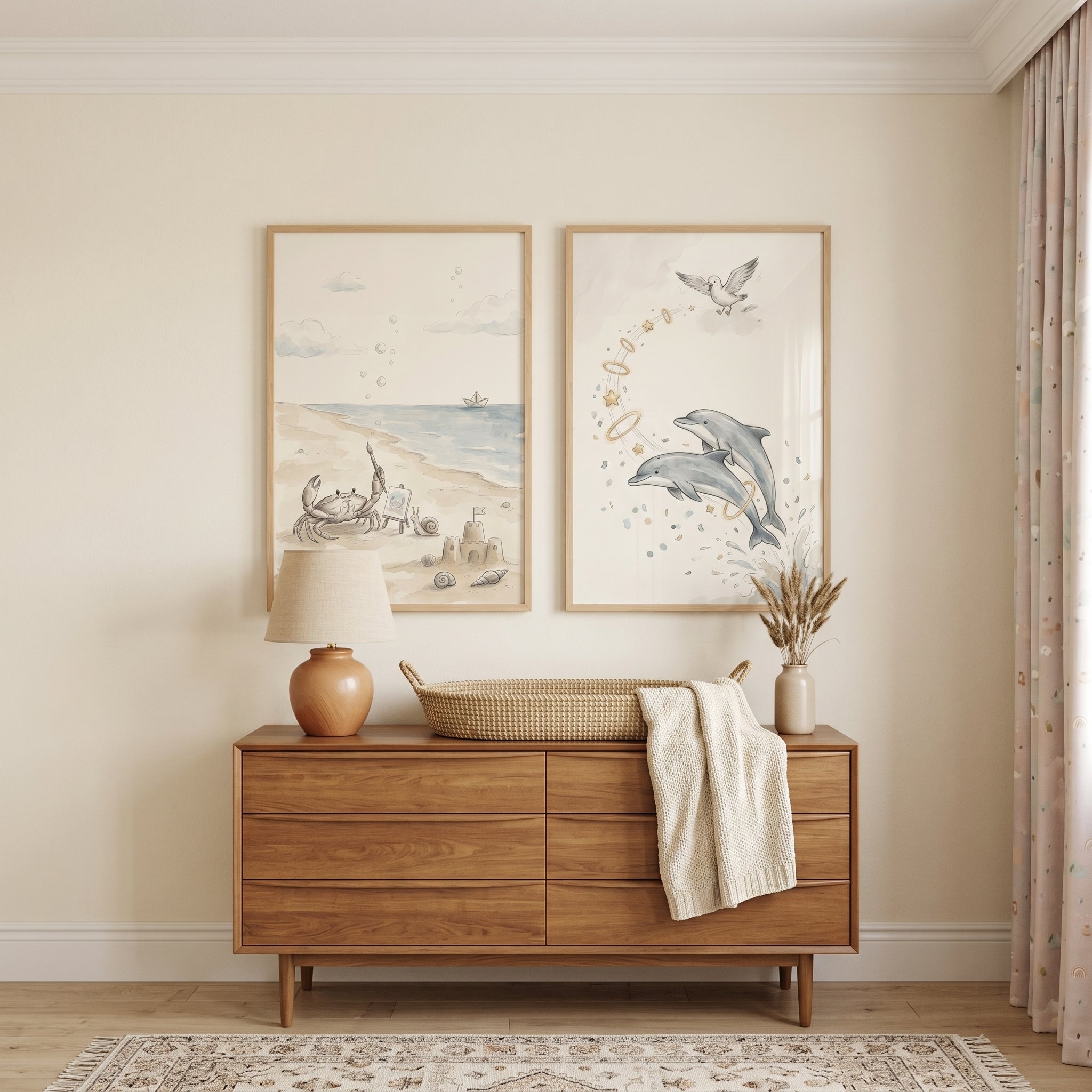 Muted Watercolor Sea Creature Wall Art Set Of 2 - Coastal Whimsy Duo