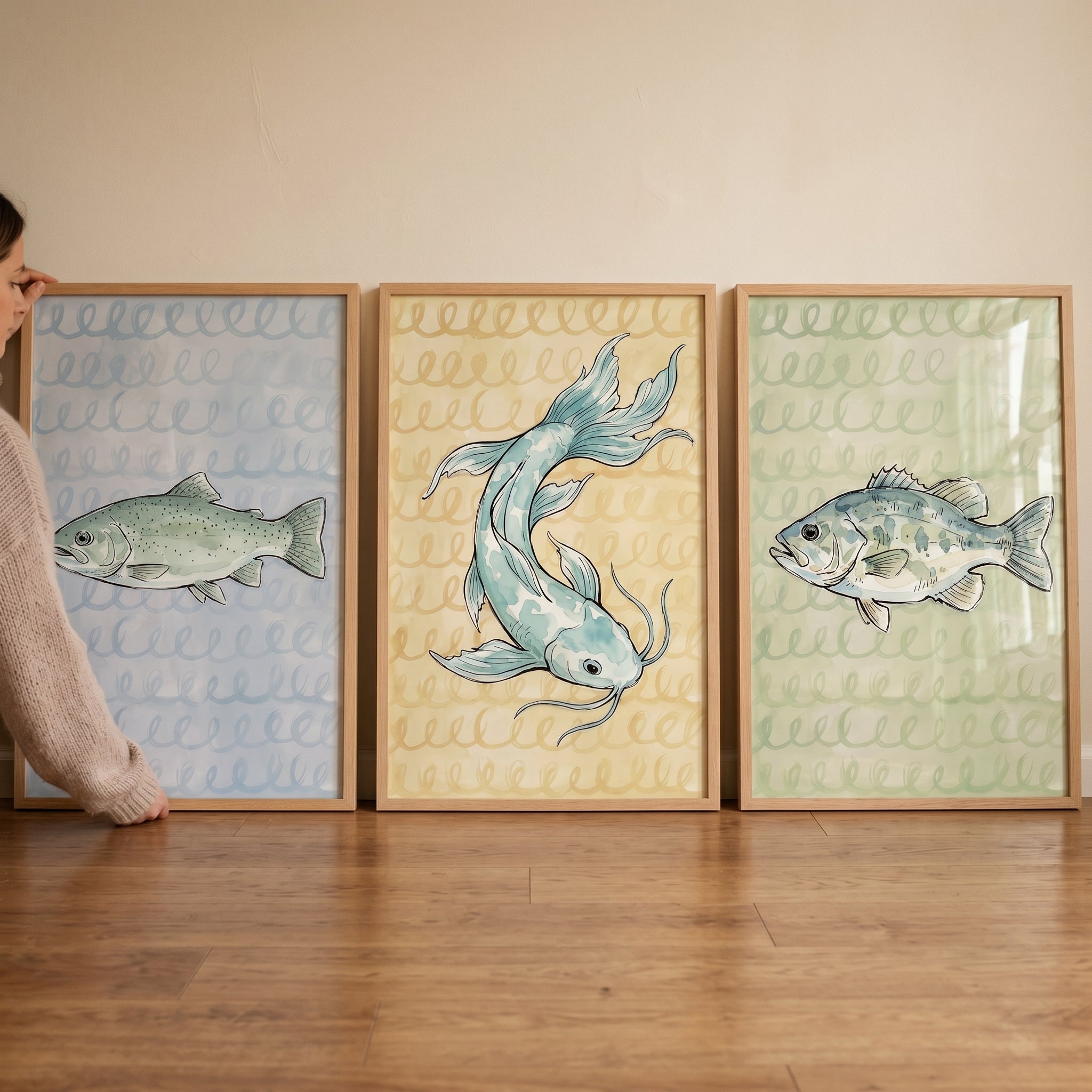 Muted Watercolor Sketchy Fish Wall Art Set of 3 - Pastel River Life