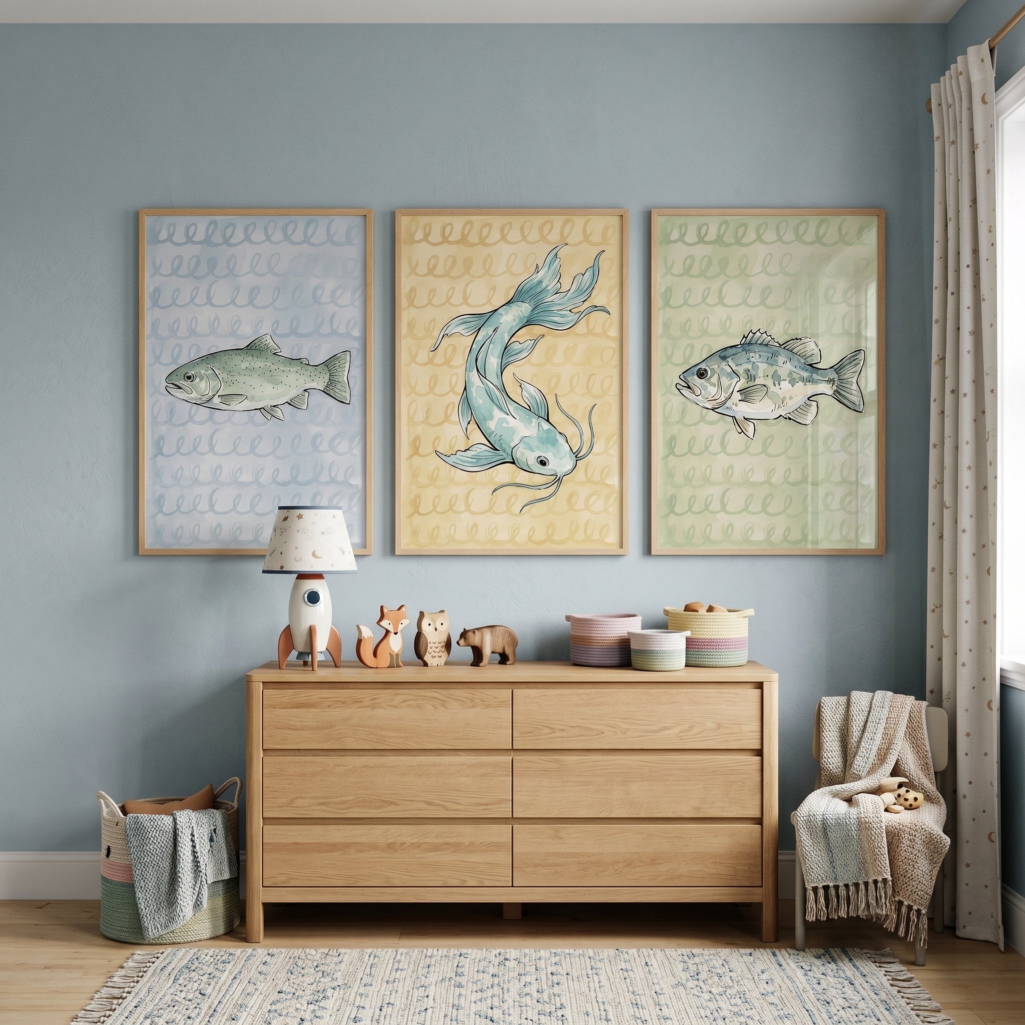 Muted Watercolor Sketchy Fish Wall Art Set of 3 - Pastel River Life