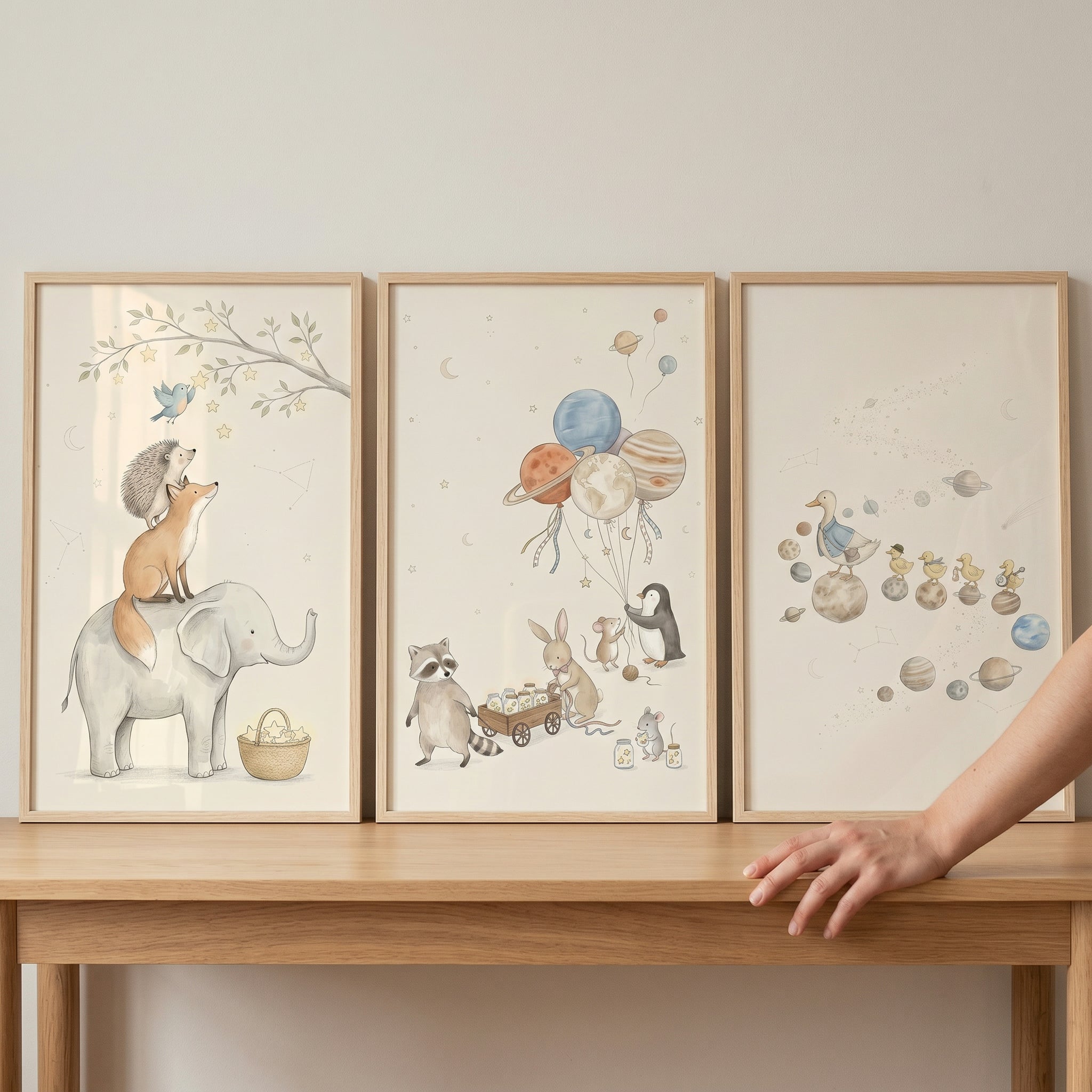 Muted Watercolor Space Animals Wall Art Set of 3 - Starry Nursery Dreams