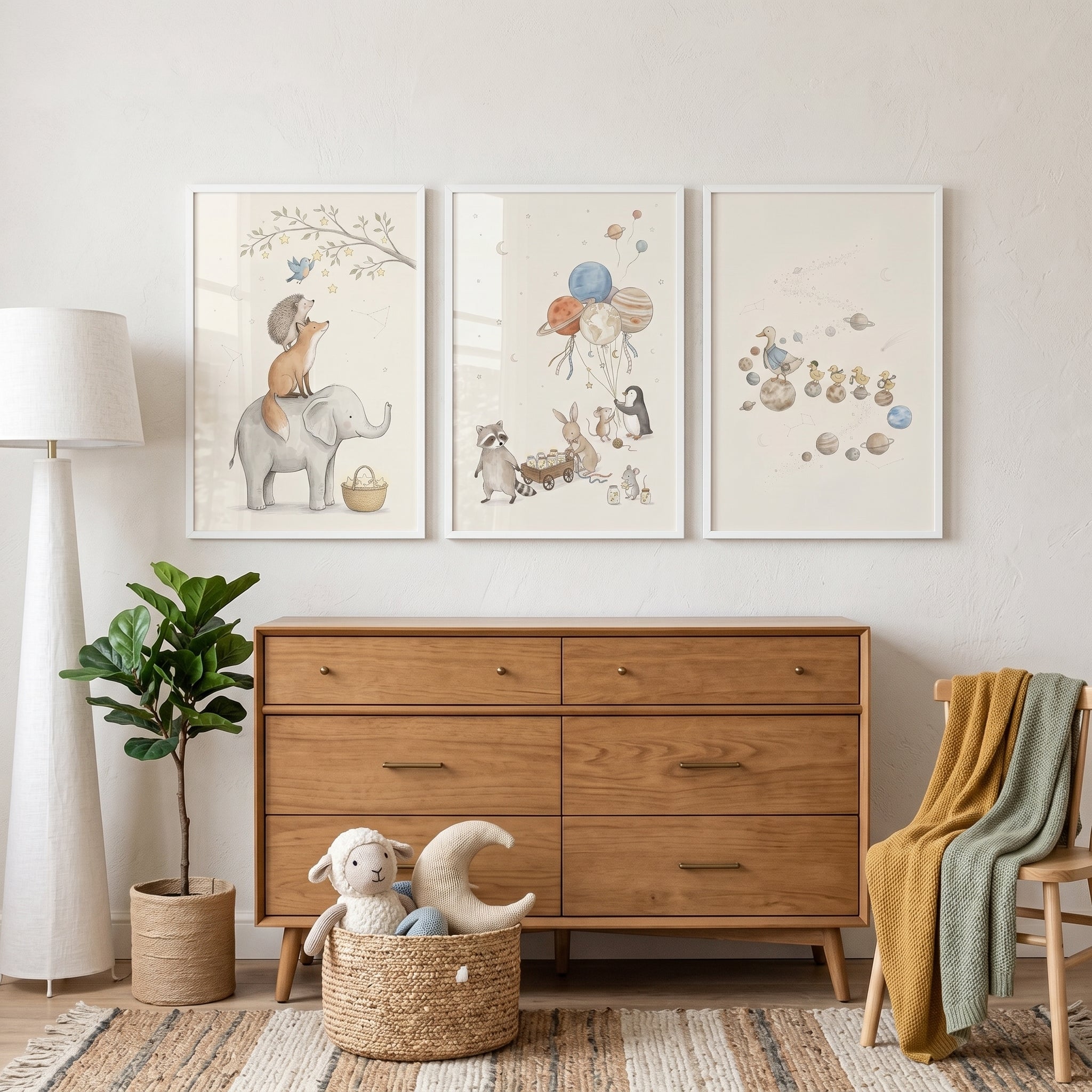 Muted Watercolor Space Animals Wall Art Set of 3 - Starry Nursery Dreams