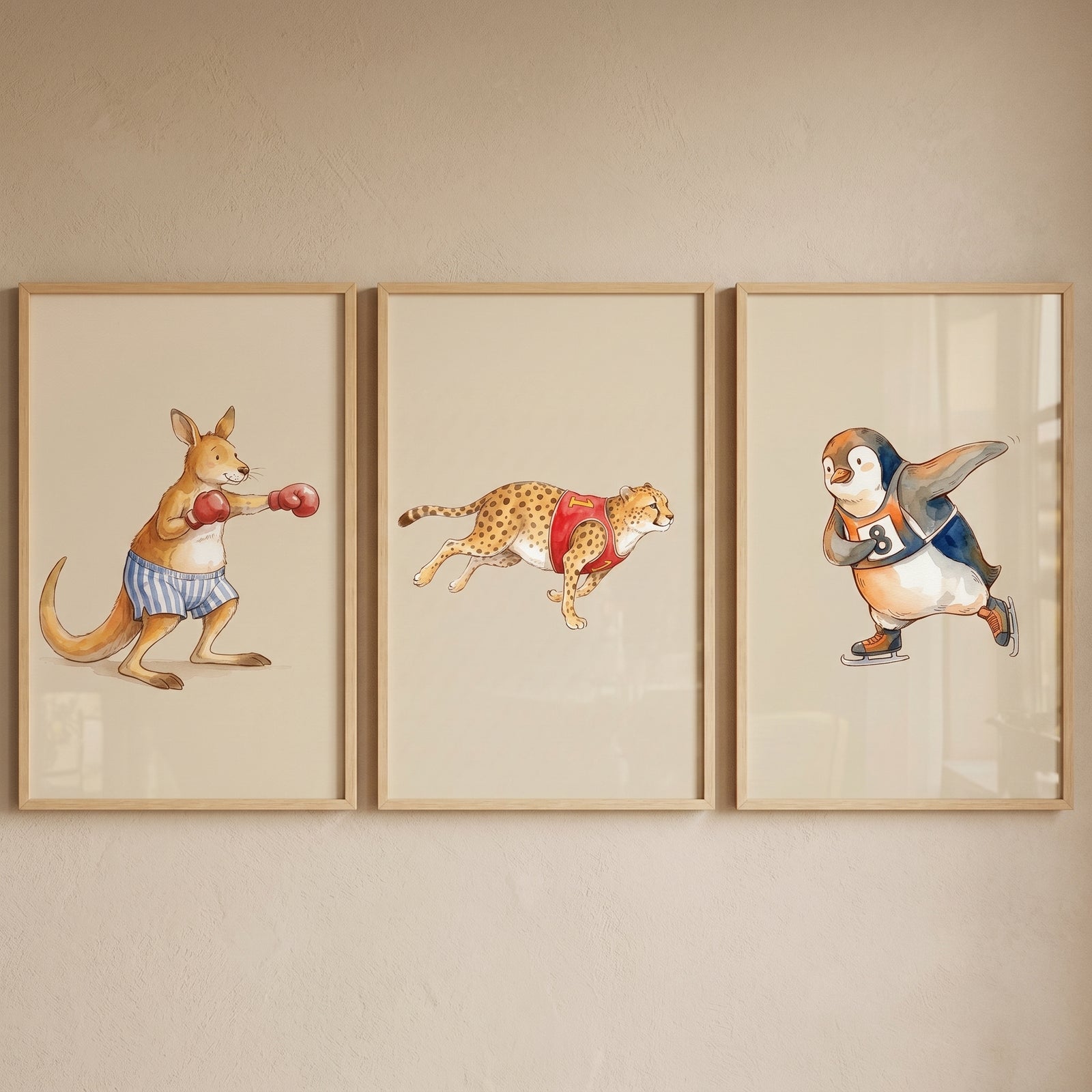 Muted watercolor sports animals wall art set of 3 shows a boxing kangaroo, a running cheetah, and an ice skating penguin.