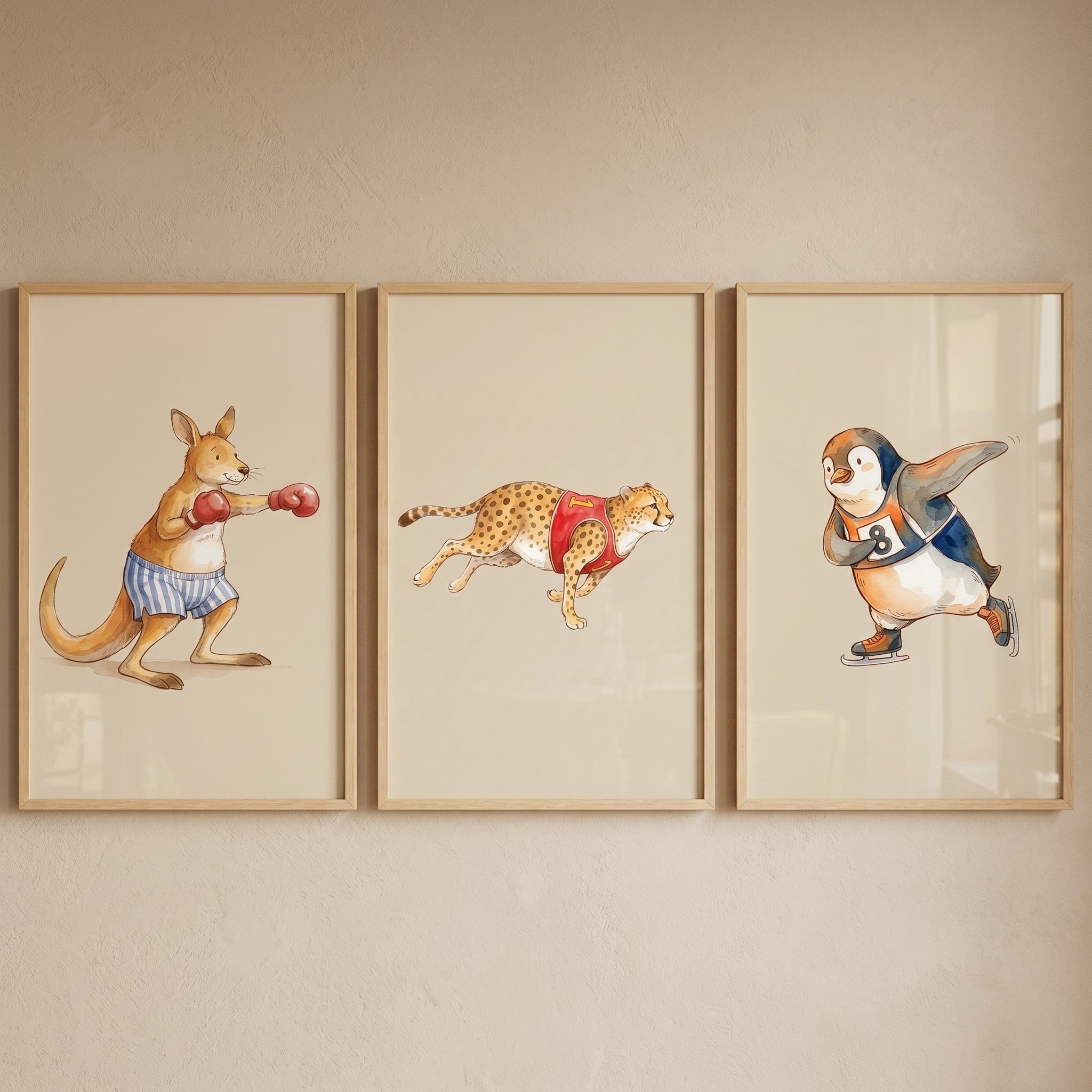 Muted Watercolor Sports Animals Wall Art Set of 3 - Whimsical Sporty Friends