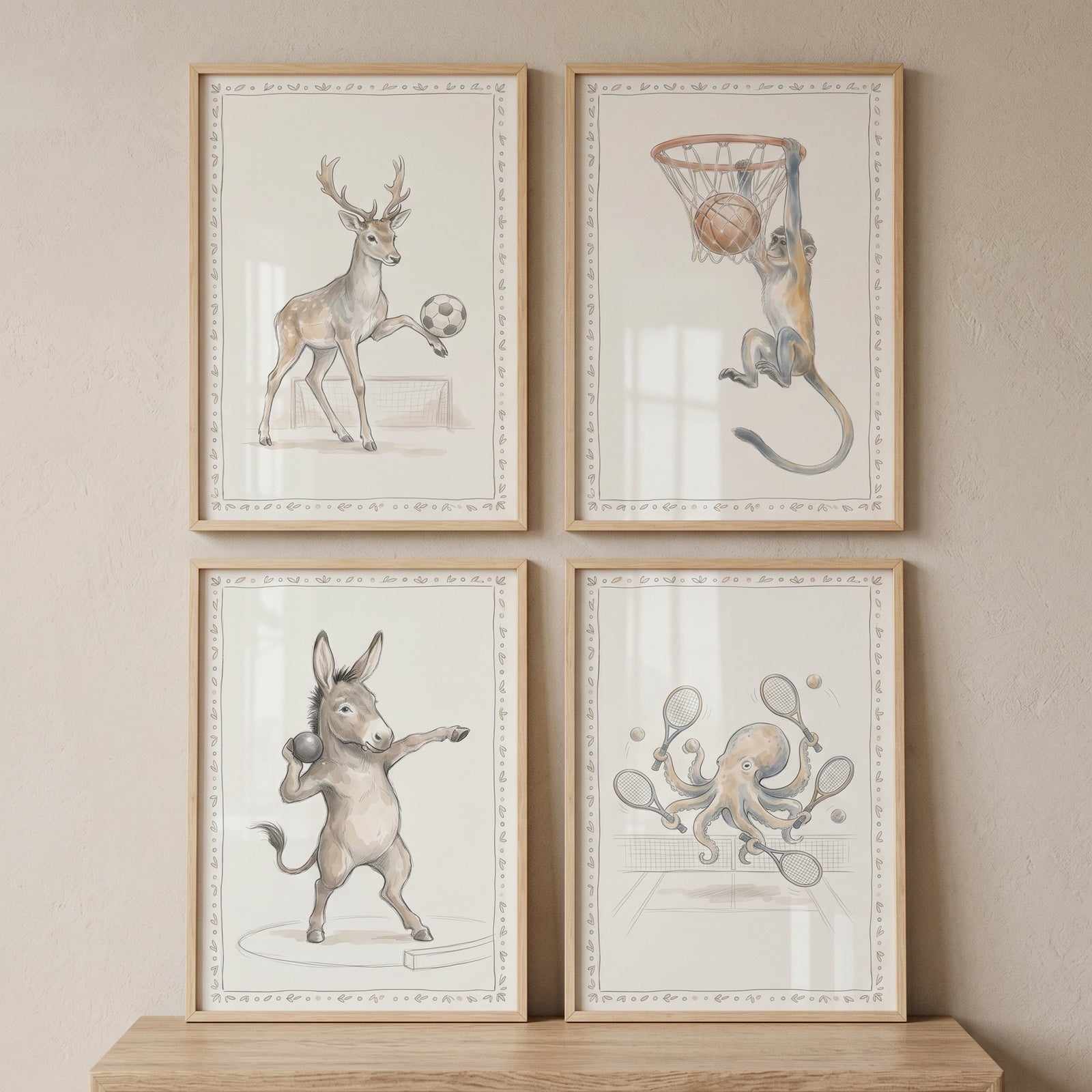 Muted watercolor sports animals wall art set of 4 with a soccer deer, basketball monkey, shotput donkey, and tennis octopus.