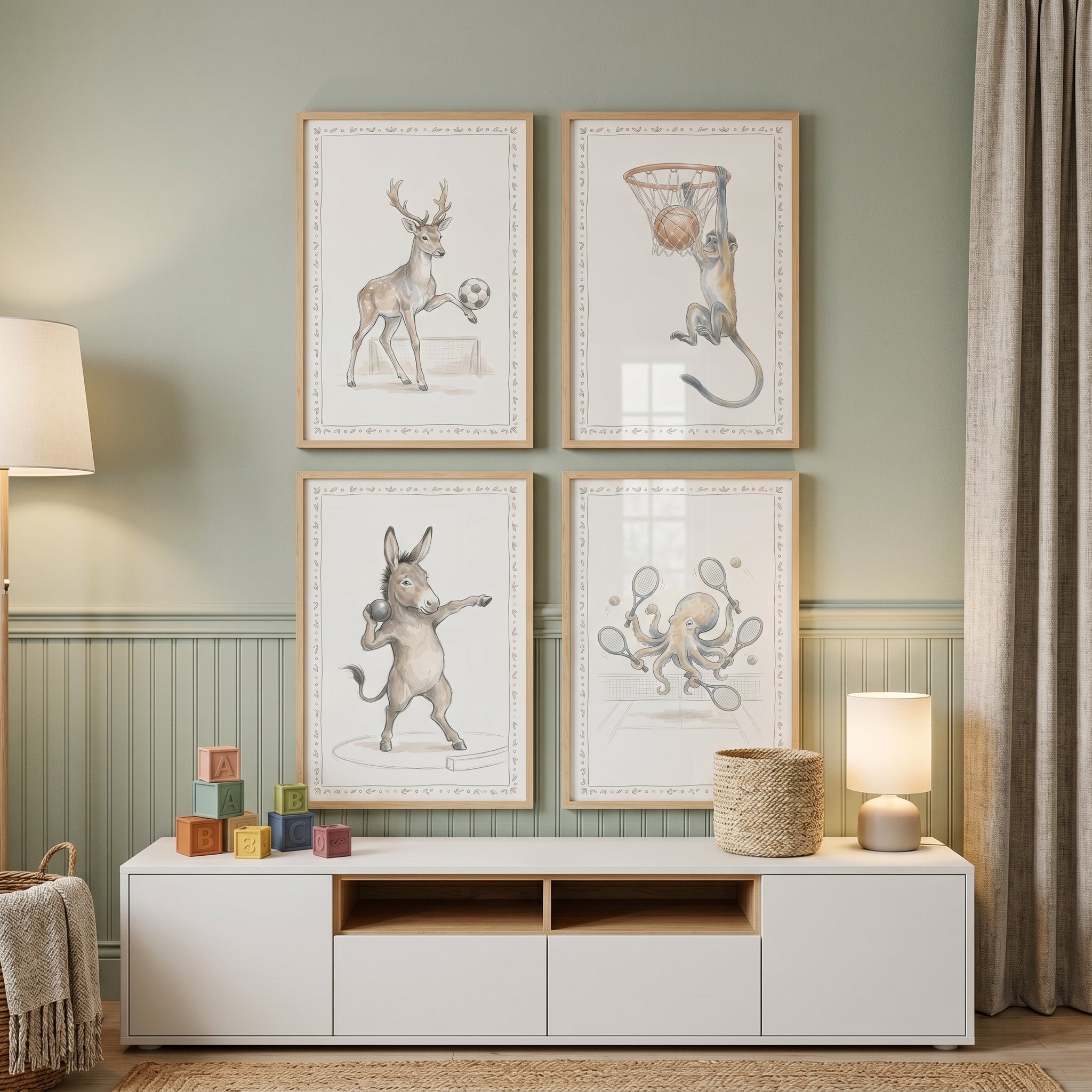 Muted Watercolor Sports Animals Wall Art Set of 4 - Competitive Wild Creatures