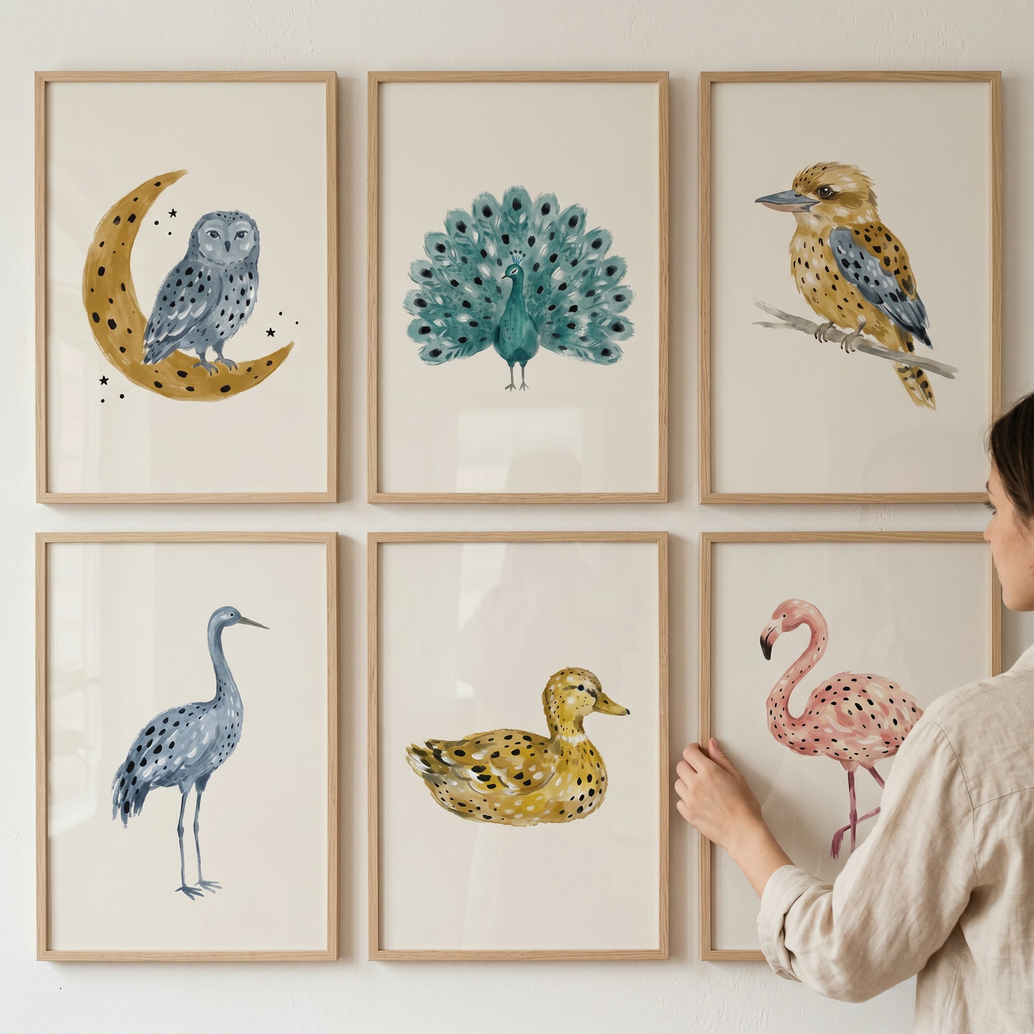 Muted Watercolor Spotted Birds Wall Art Set of 6 - Whimsical Bird Portraits
