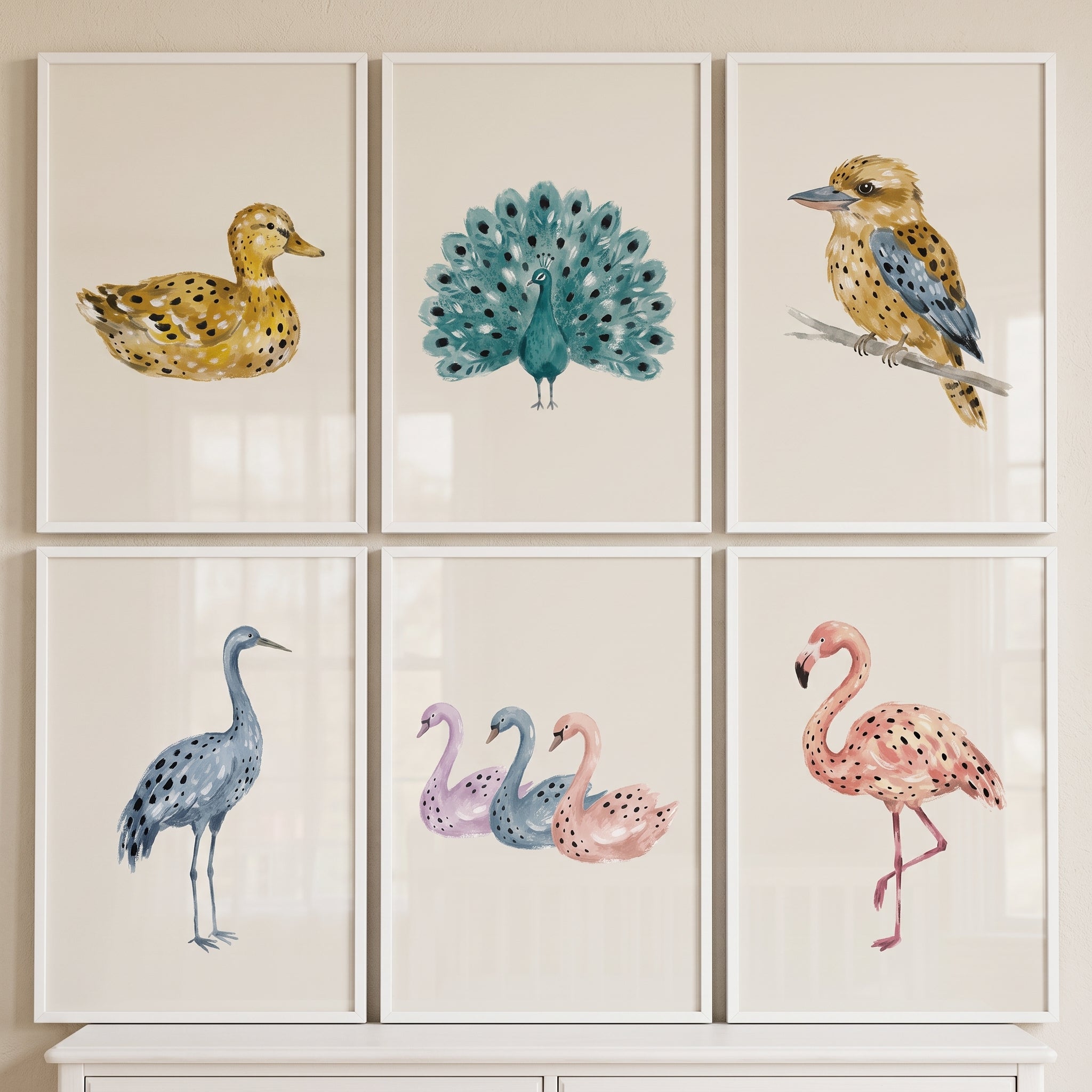 Muted Watercolor Spotted Birds Wall Art Set of 6 - Whimsical Dotted Birds