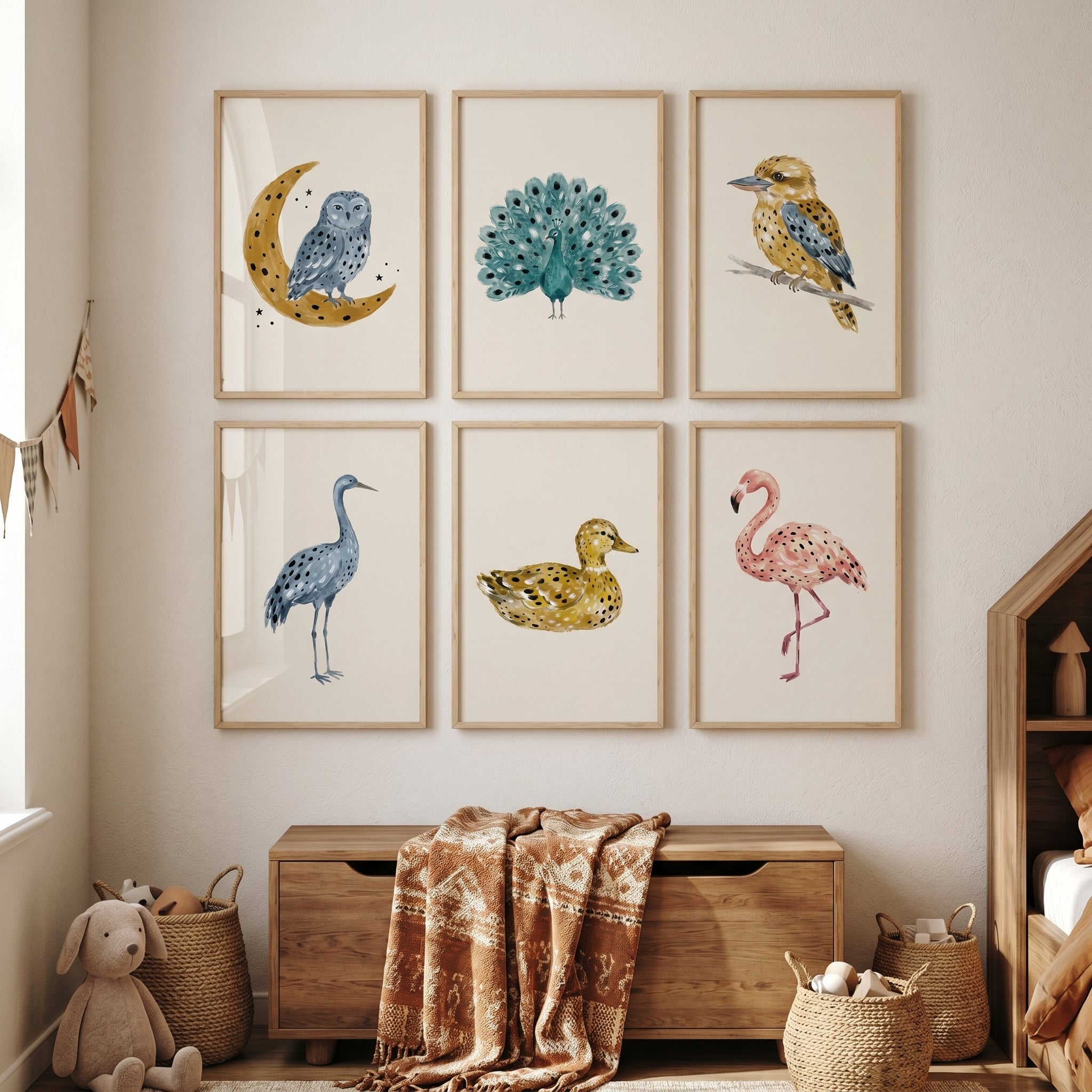 Muted Watercolor Spotted Birds Wall Art Set of 6 - Whimsical Bird Portraits
