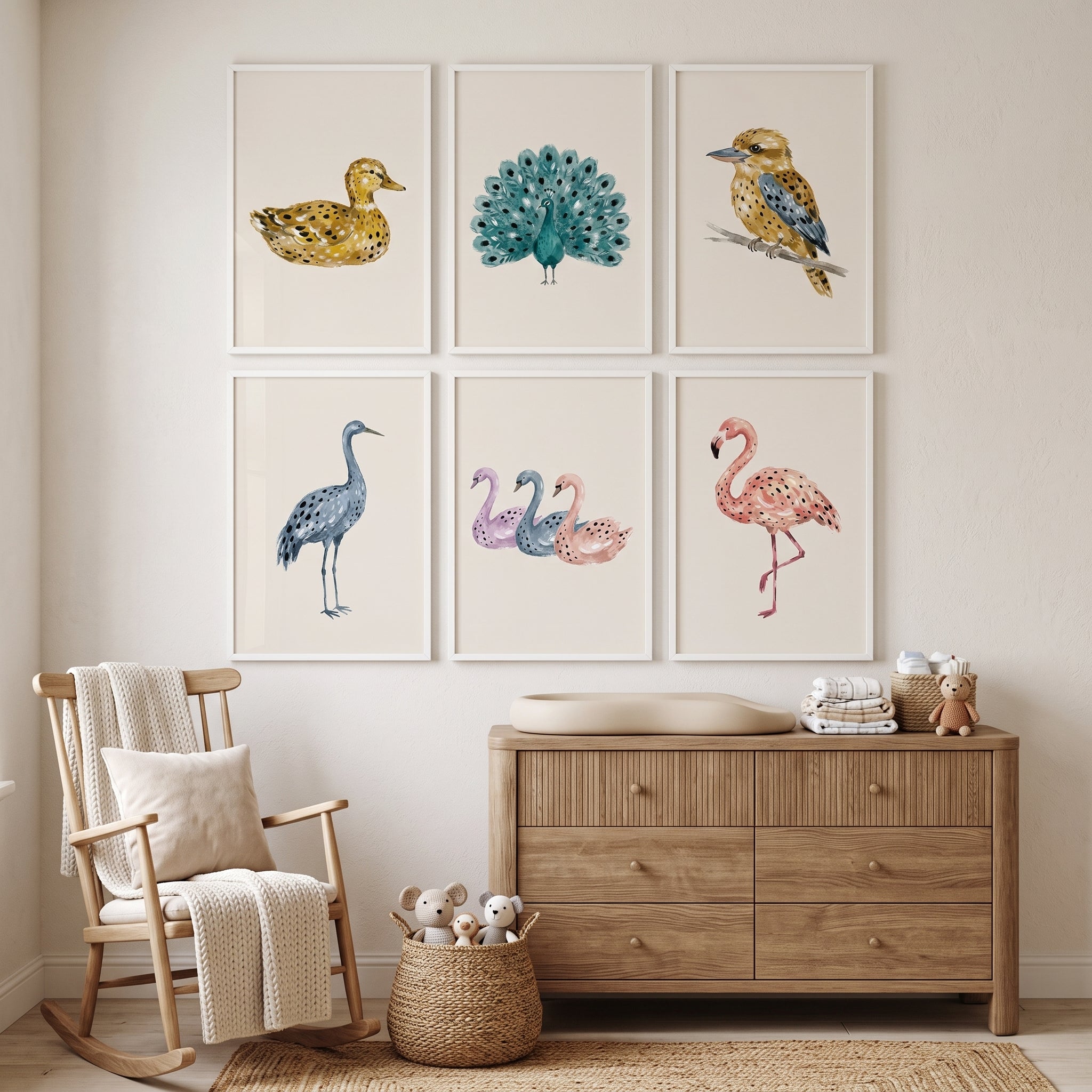 Muted Watercolor Spotted Birds Wall Art Set of 6 - Whimsical Dotted Birds