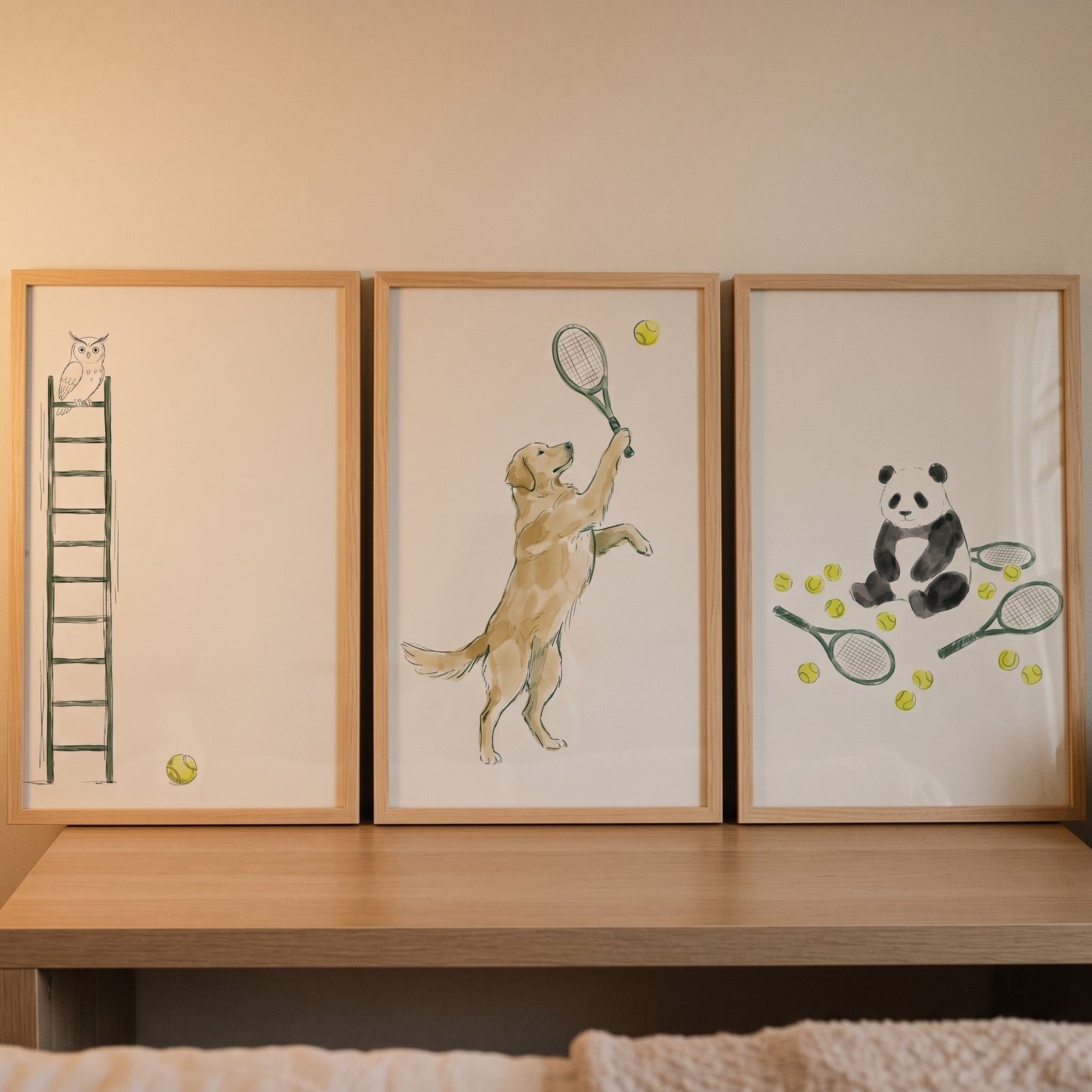 Muted watercolor tennis animal wall art set of 3 showing an owl on a ladder, a dog with a racket, and a panda with balls.