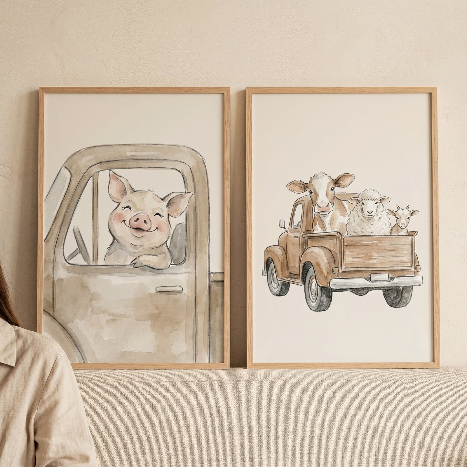 Muted watercolor truck animals wall art set of 2 featuring a smiling pig, cow, sheep, and goat in vintage pickup trucks.