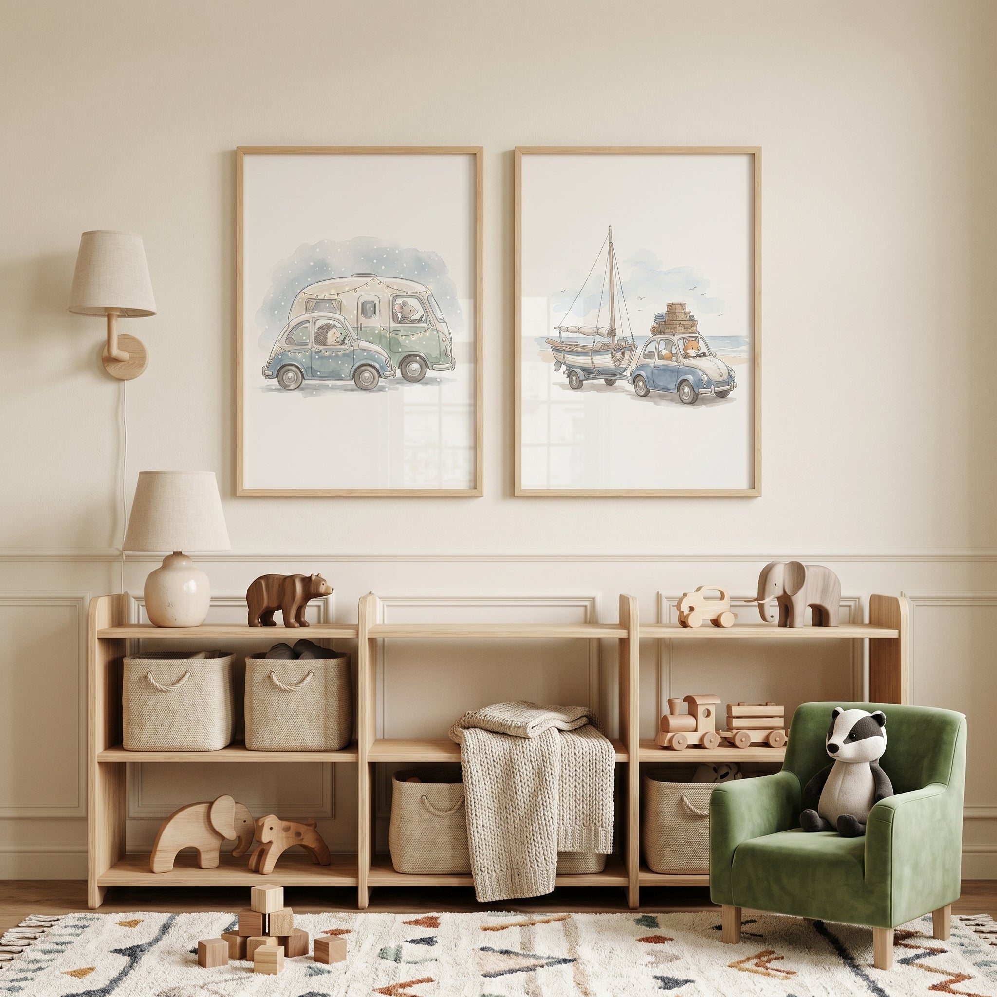 Muted Watercolor Voyager Animals Wall Art Set of 2 - Tiny Animal Adventures