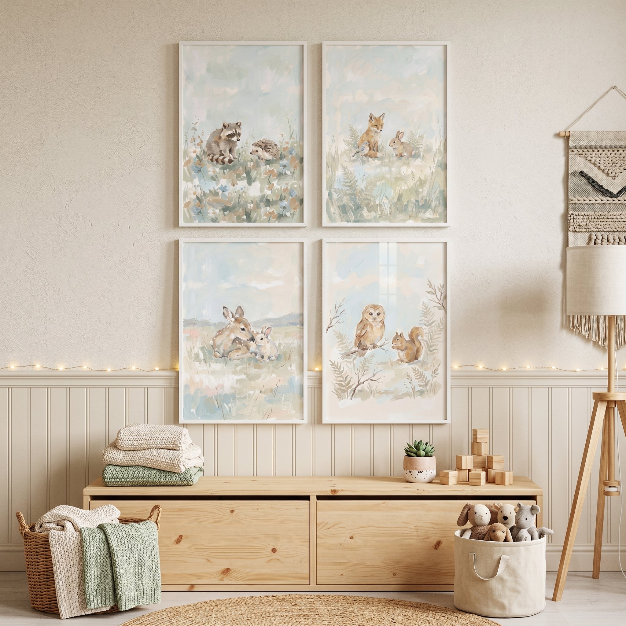 Muted Watercolor Woodland Animals Wall Art Set Of 4 - Quiet Meadow Art