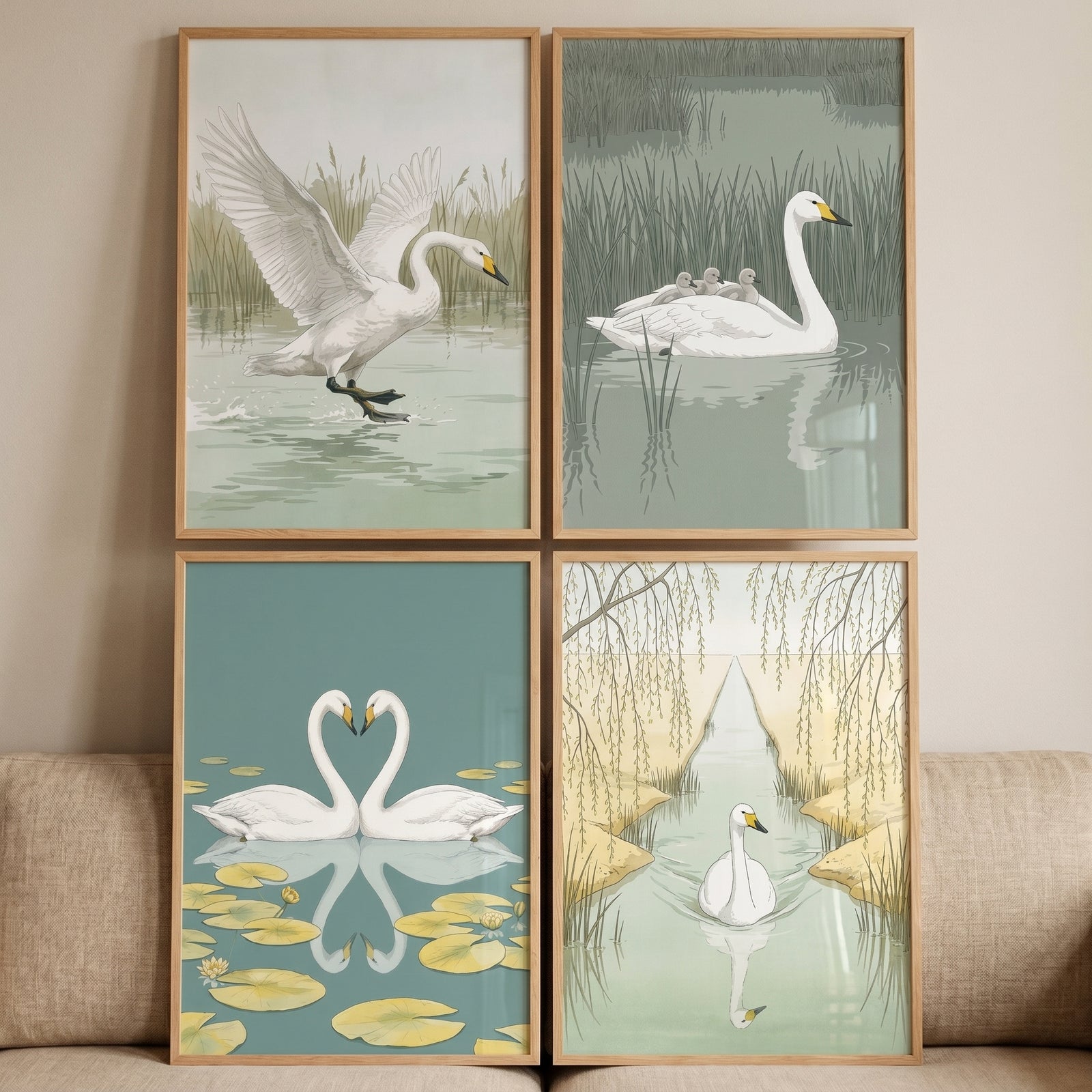 Muted wetland nature swan wall art set of 4: swans landing, with cygnets, forming a heart, and in a willow-lined canal.