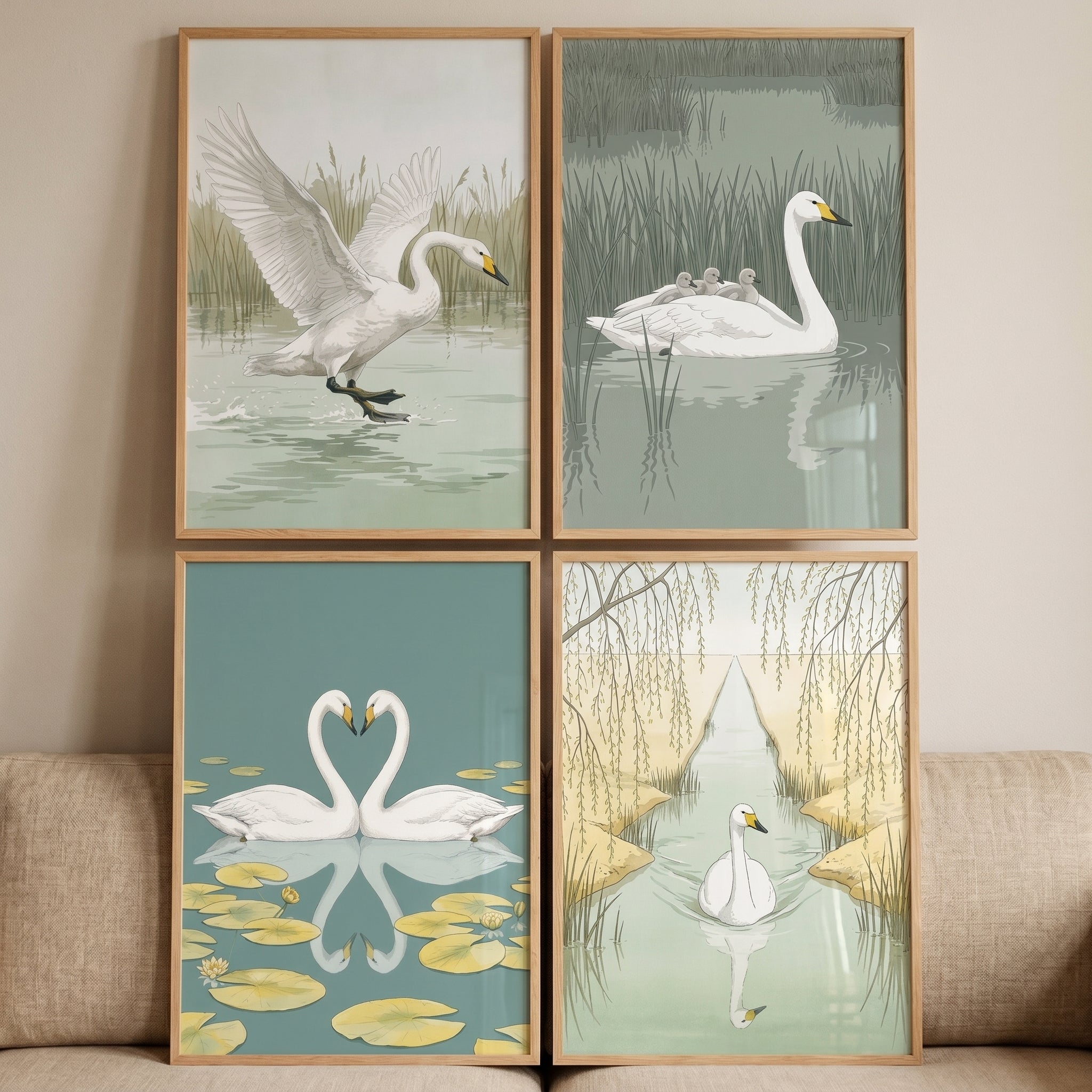 Muted Wetland Nature Swan Wall Art Set Of 4 - Elegant Swan Series