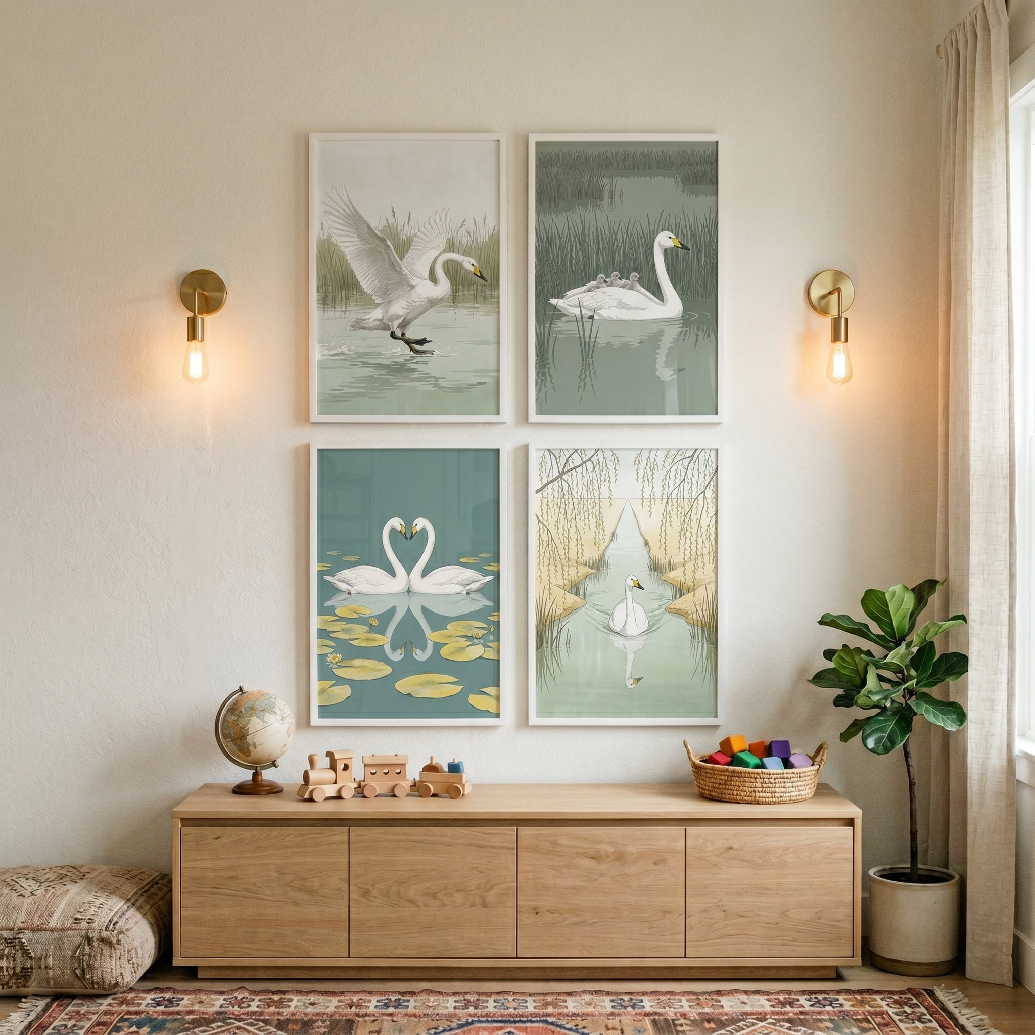 Muted Wetland Nature Swan Wall Art Set Of 4 - Elegant Swan Series