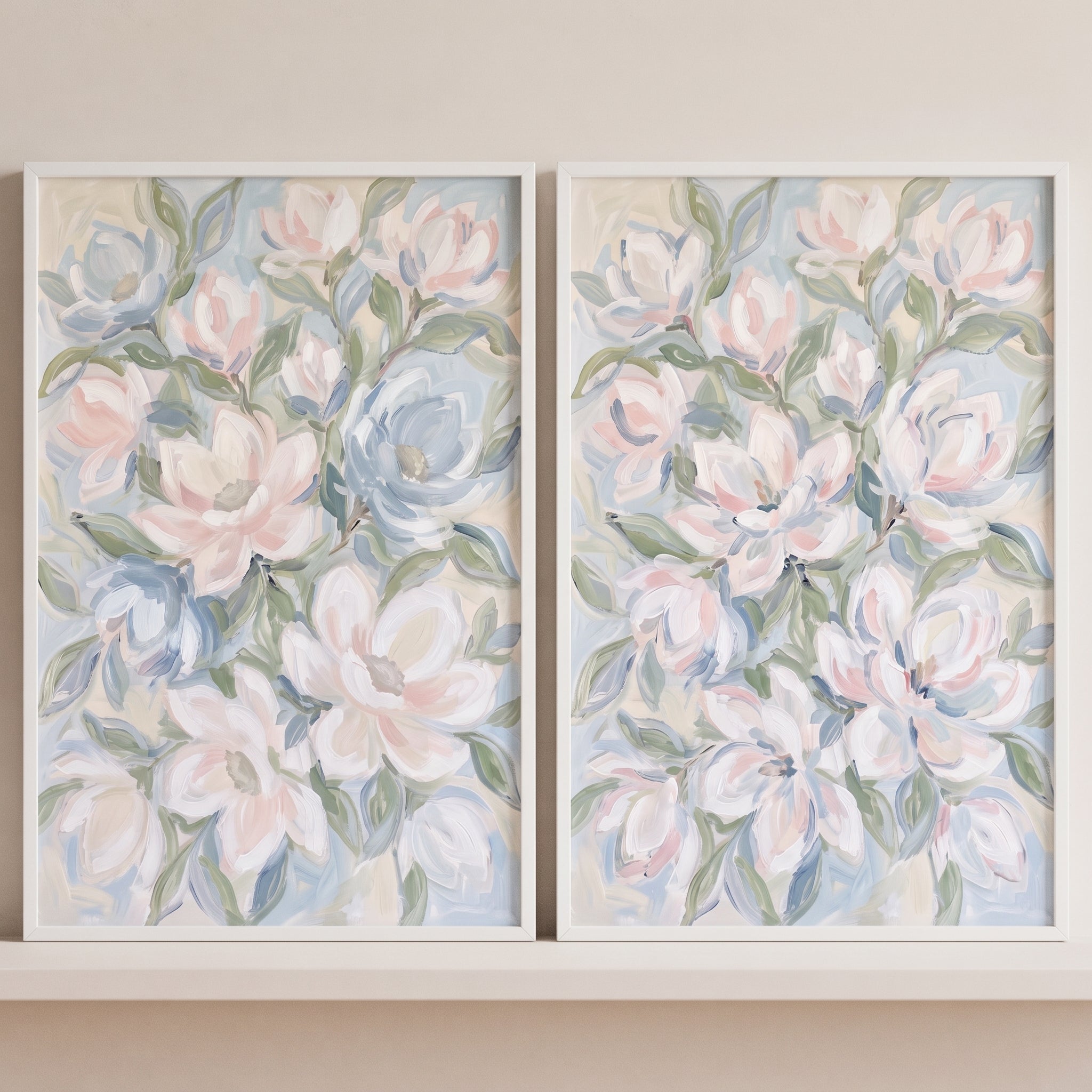 Muted White Magnolia Floral Wall Art Set of 2 - Soft Floral Duo