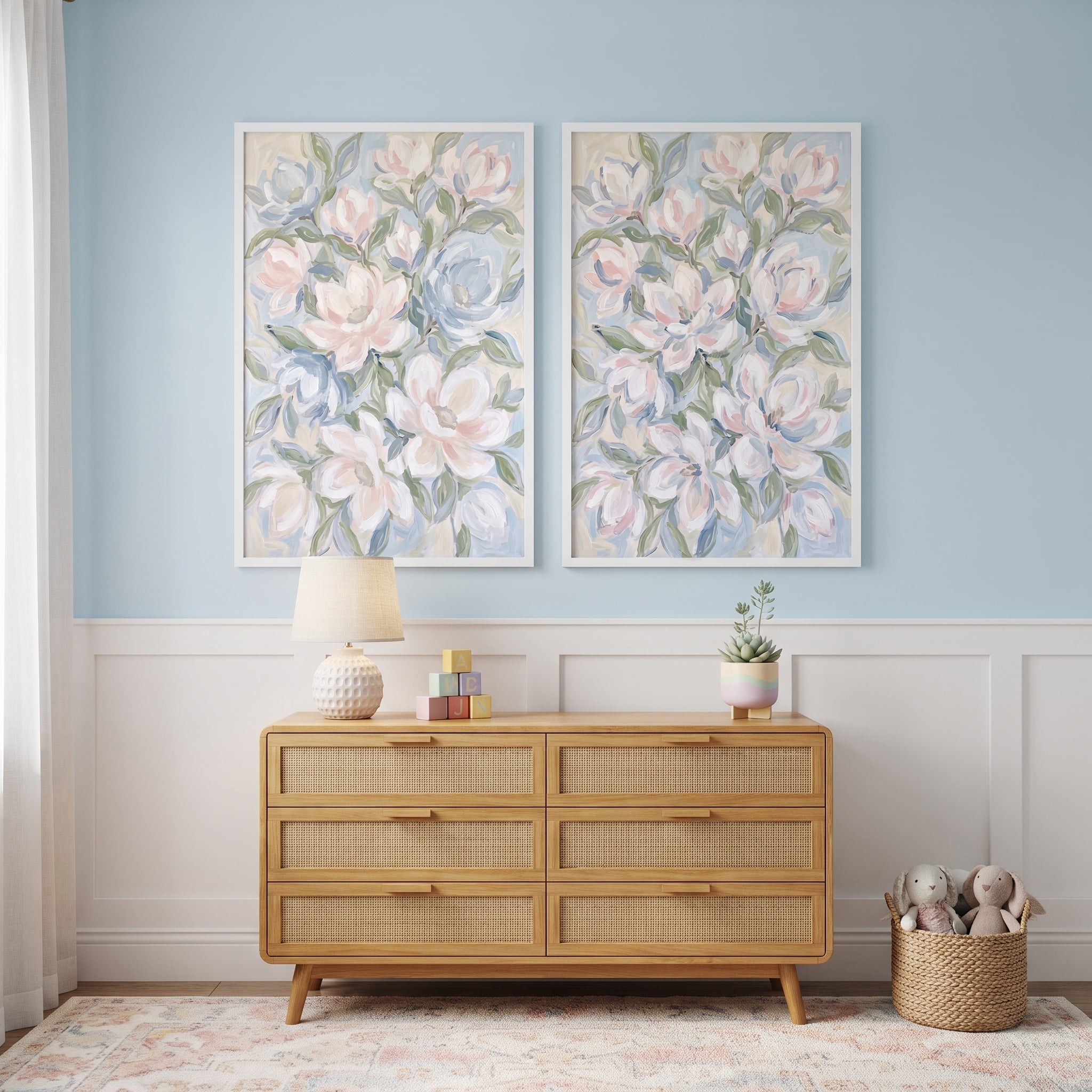Muted White Magnolia Floral Wall Art Set of 2 - Soft Floral Duo