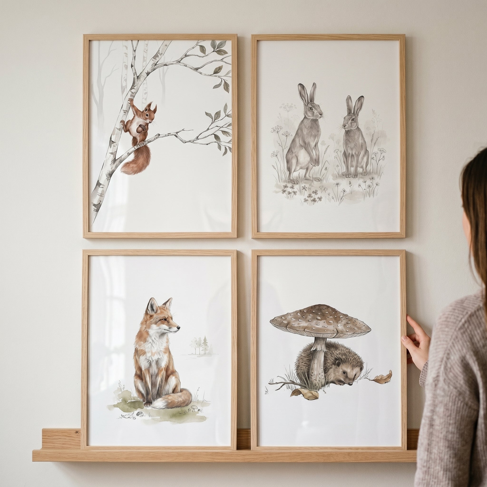 Muted Woodland Animals Wall Art Set of 4 - Woodland Animal Sketches