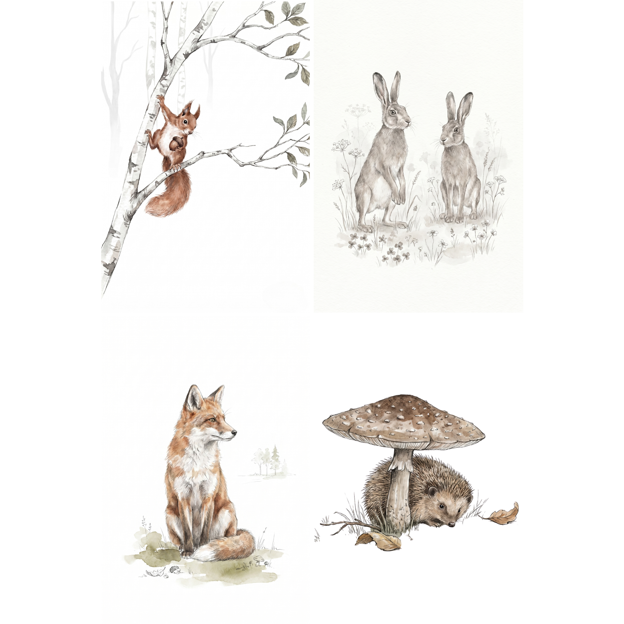 Muted Woodland Animals Wall Art Set of 4 - Woodland Animal Sketches