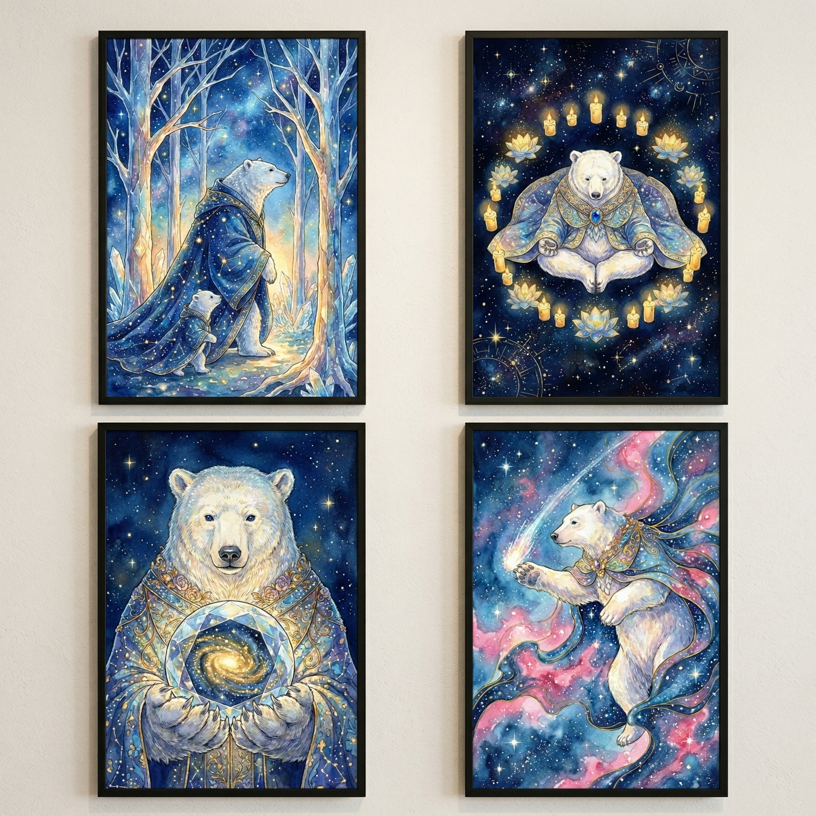 Four framed illustrations show anthropomorphic polar bears in mystical, celestial settings. In the top-left, an adult and cub in starry robes walk through an icy forest. The top-right depicts a bear meditating within a ring of candles and lotuses. The bottom-left features a bear holding a crystal orb that contains a swirling galaxy. In the bottom-right, a bear in flowing robes leaps through a colorful nebula toward a comet. Each work is rich in deep blues, gold, and starry details.