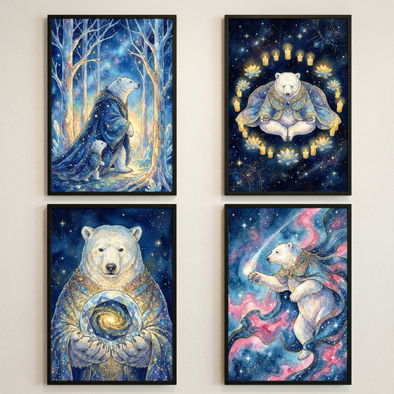 Four framed illustrations show anthropomorphic polar bears in mystical, celestial settings. In the top-left, an adult and cub in starry robes walk through an icy forest. The top-right depicts a bear meditating within a ring of candles and lotuses. The bottom-left features a bear holding a crystal orb that contains a swirling galaxy. In the bottom-right, a bear in flowing robes leaps through a colorful nebula toward a comet. Each work is rich in deep blues, gold, and starry details.