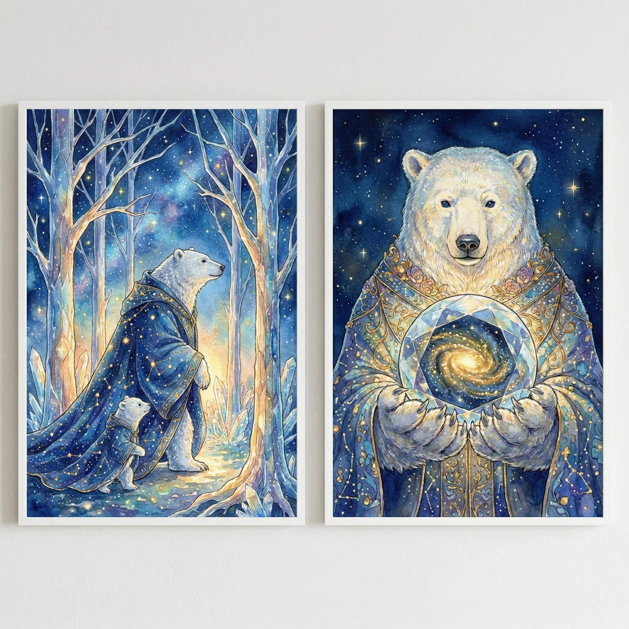 Mystic Wizard Polar Bear Wall Art Set of 2 - Celestial Bear Guardians