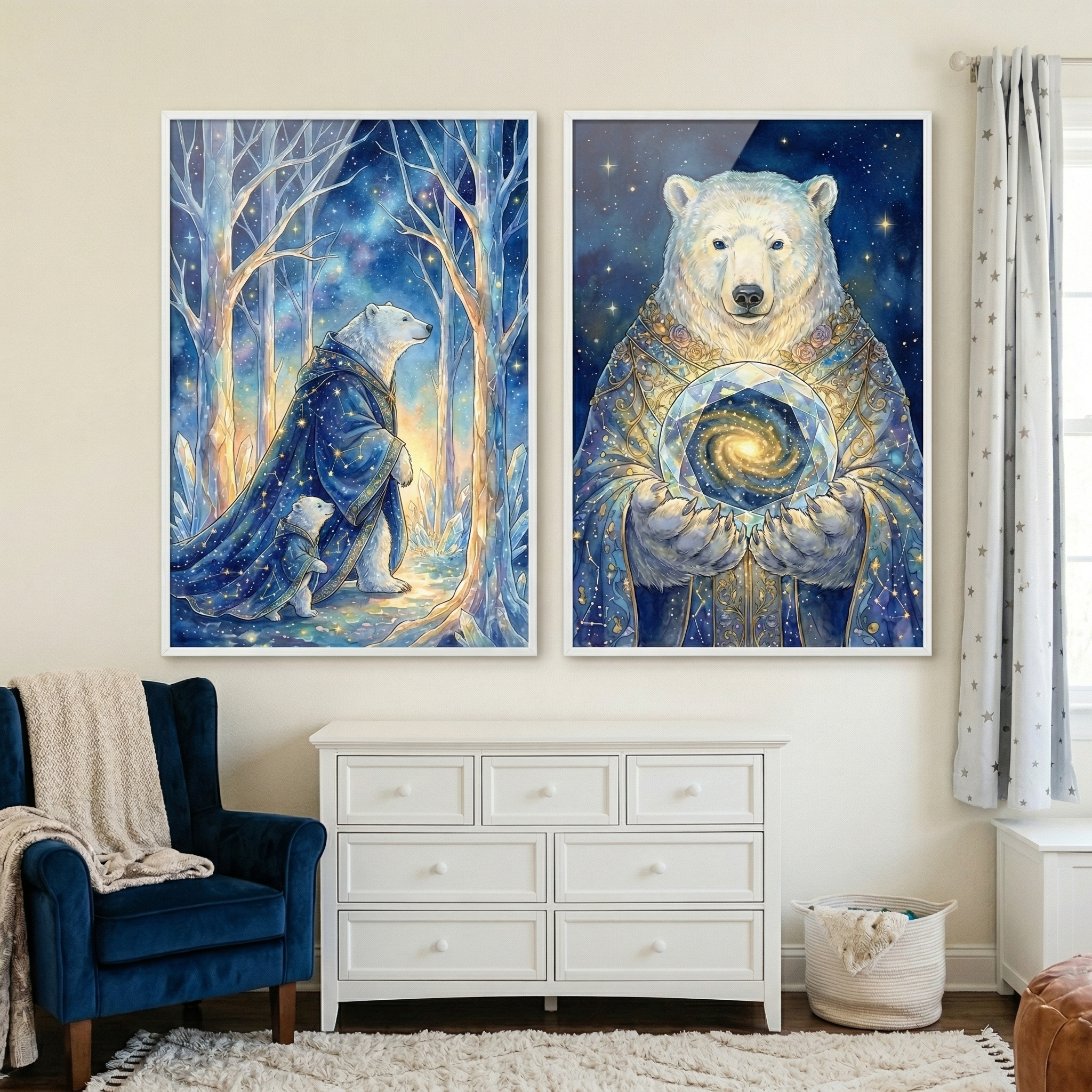 Mystic Wizard Polar Bear Wall Art Set of 2 - Celestial Bear Guardians