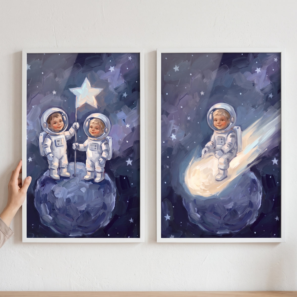 Mystical blue baby astronaut wall art set of 2 shows children in space suits on a moon and riding a shooting star.