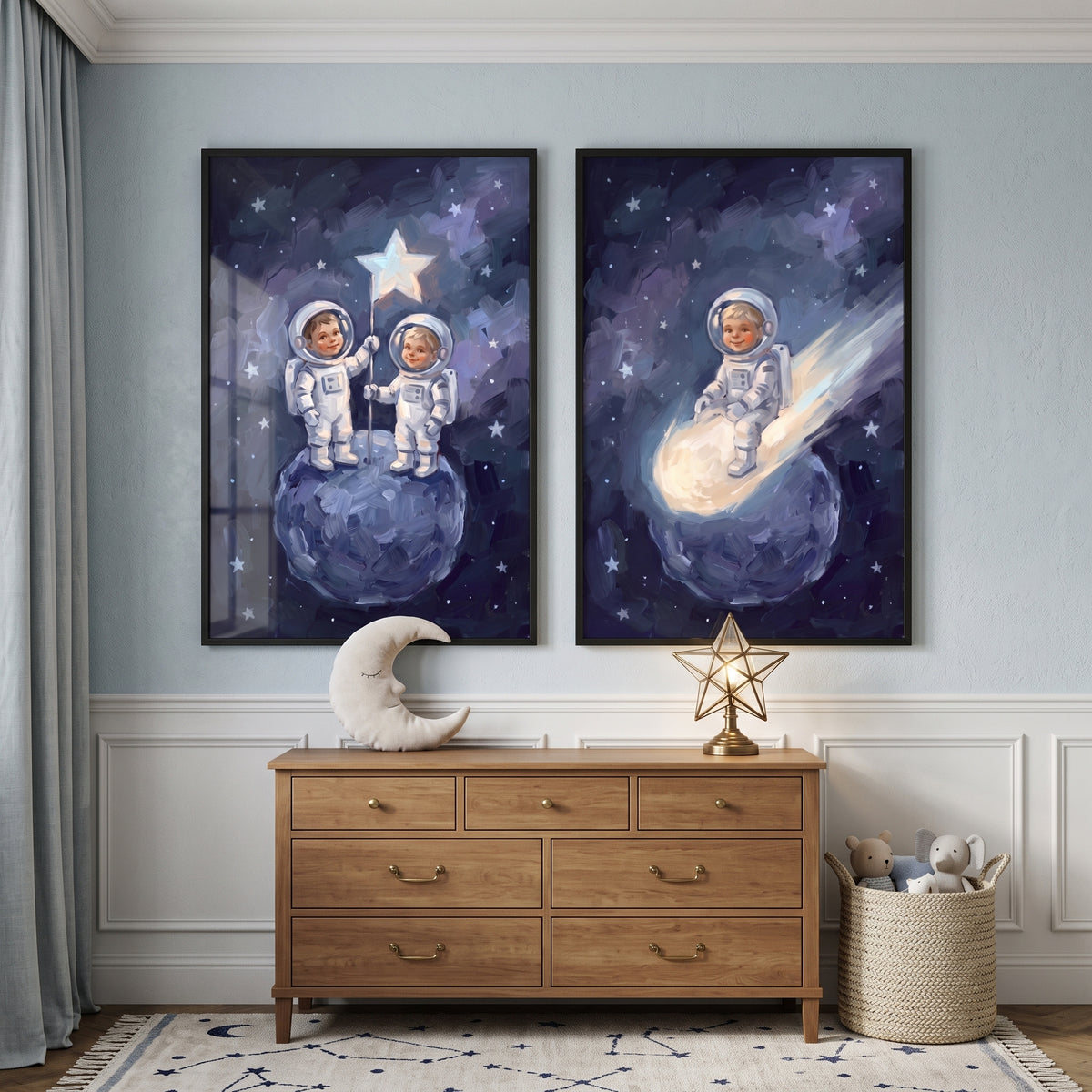 Mystical Blue Baby Astronaut Wall Art Set of 2 - Cosmic Dream Voyages