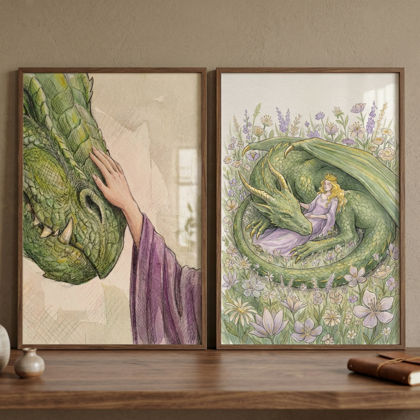 Two framed fantasy art prints lean against a warm beige wall on a wooden surface. One print shows a close view of a green dragon lowering its face into a gentle touch from a hand in a lavender sleeve and the other shows a crowned woman in a lavender gown resting safely inside a curled green dragon among pale wildflowers.