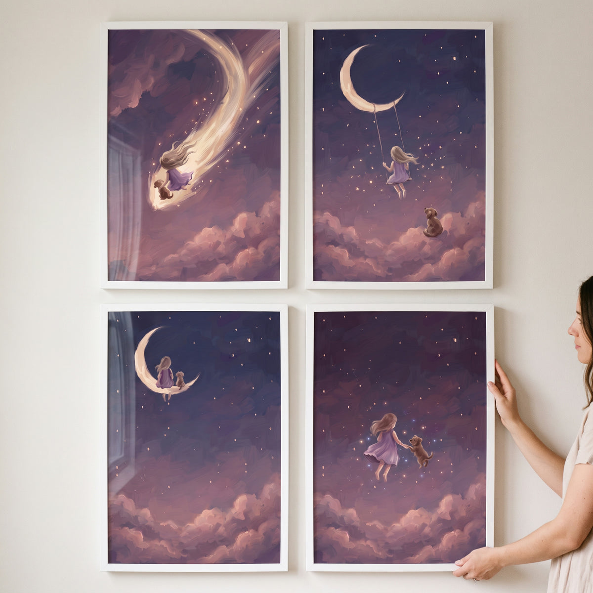 Woman adjusts a mystical night girl dog wall art set of 4 featuring a child and pet in a starry, moonlit cloudscape.