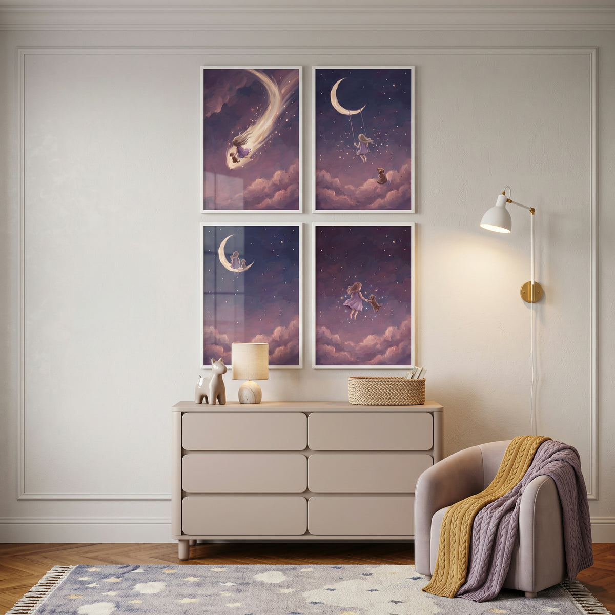 Mystical Night Girl Dog Wall Art Set of 4 - Celestial Companions