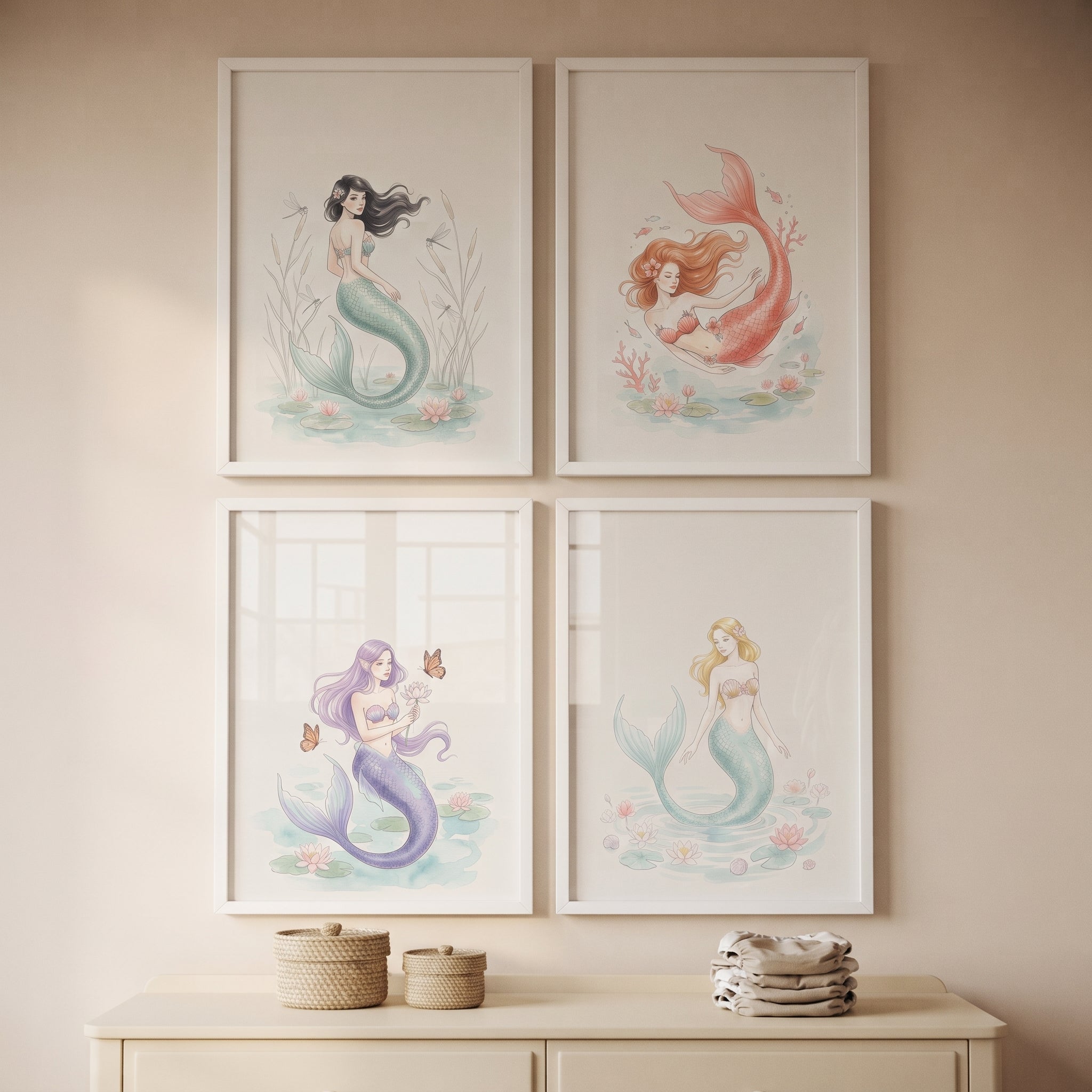 Mystical Watercolor Ocean Mermaid Wall Art Set of 4 - Serene Sea Maidens