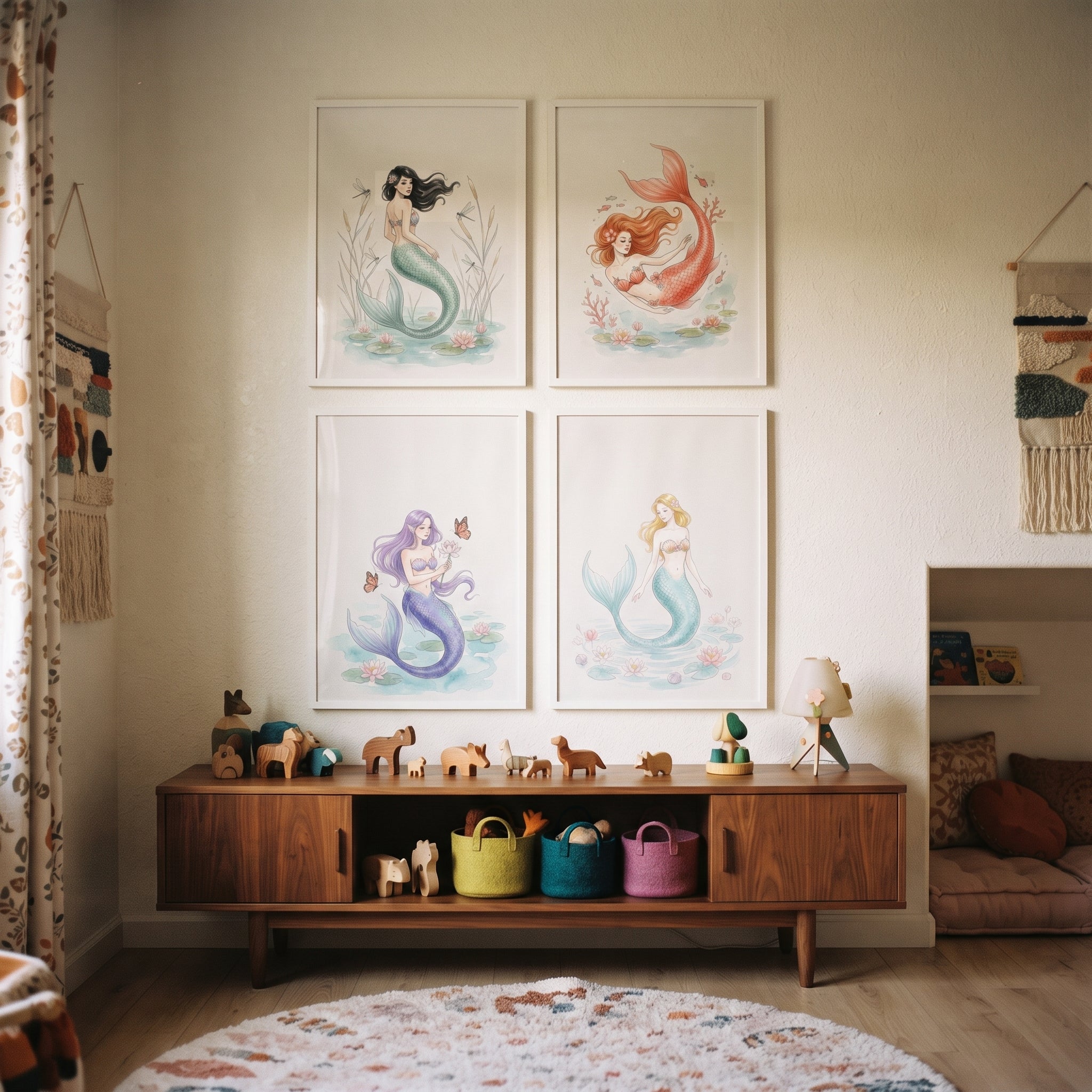 Mystical Watercolor Ocean Mermaid Wall Art Set of 4 - Serene Sea Maidens
