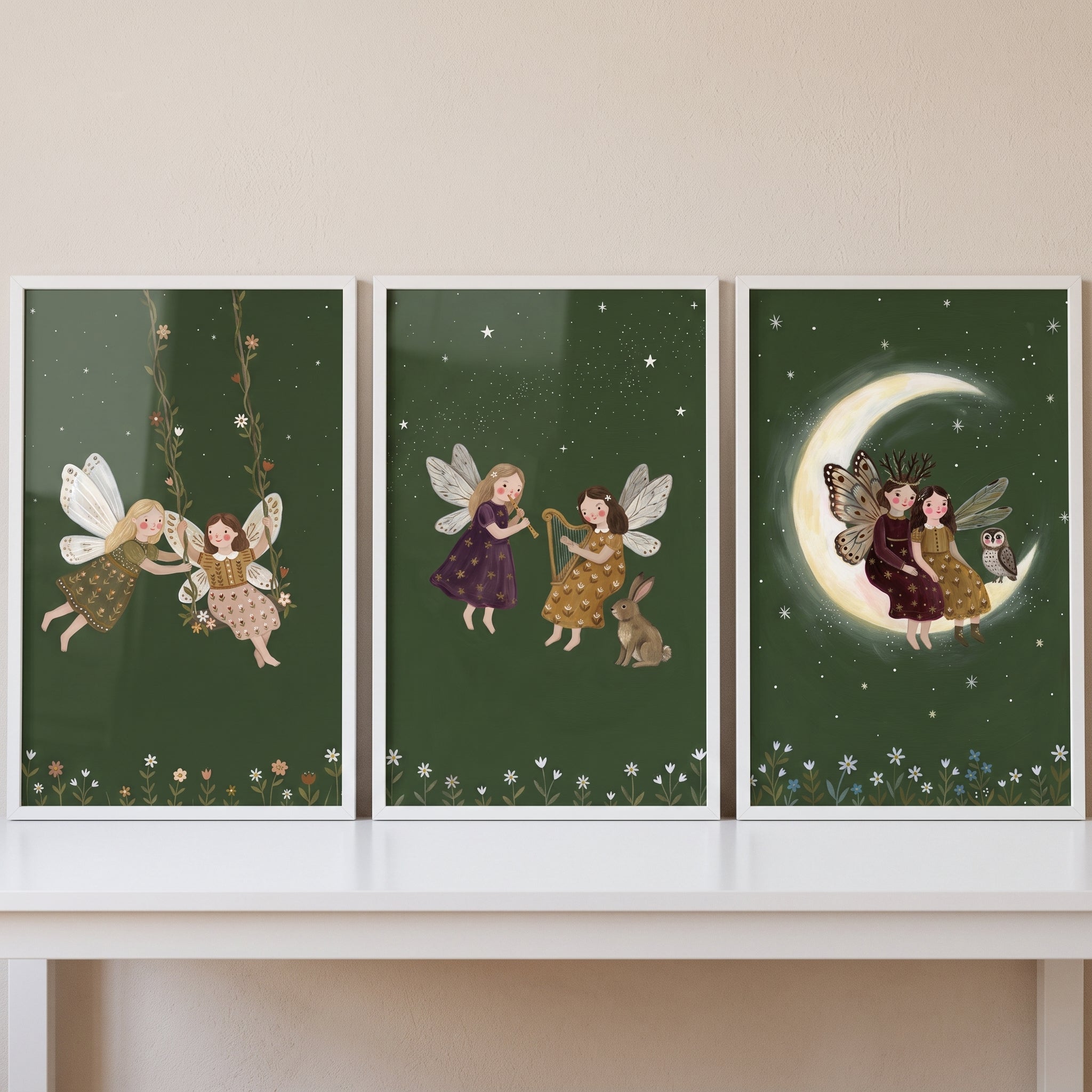 Mystical Winged Garden Fairies Wall Art Set of 3 - Midnight Garden Sprites