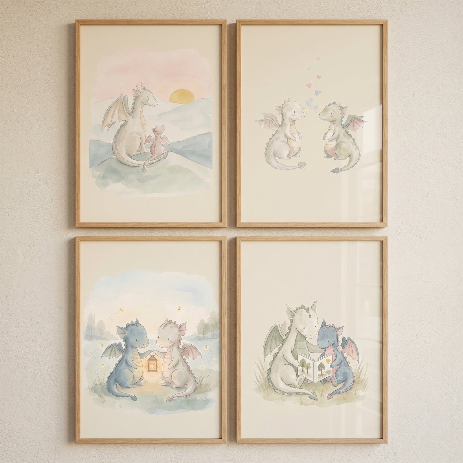 Mythical creature baby dragons wall art set of 4 in light wood frames features soft watercolor scenes of cute dragons.